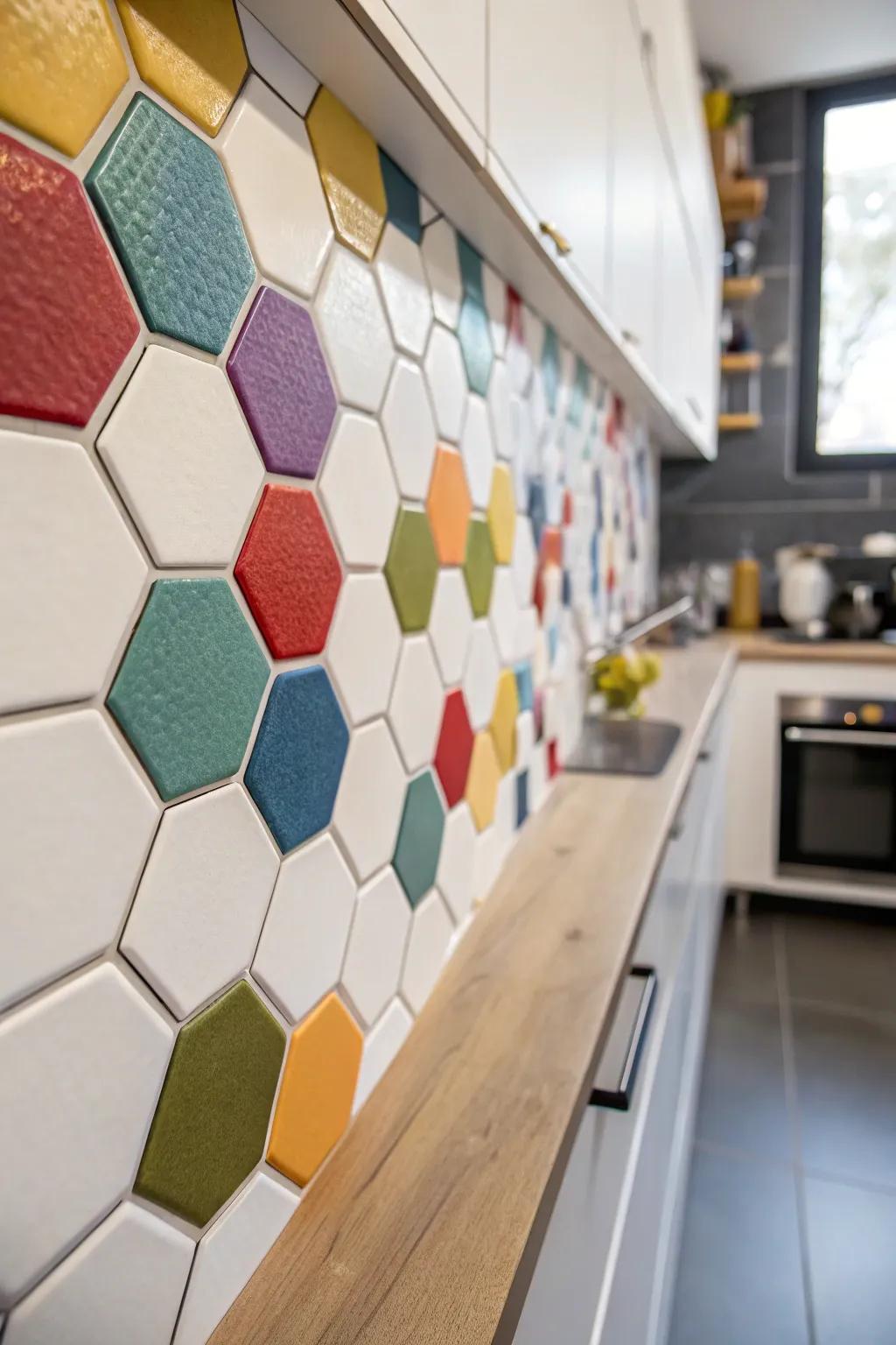 Hexagonal tiles infuse a sense of modernity and animation into this kitchen wall design.