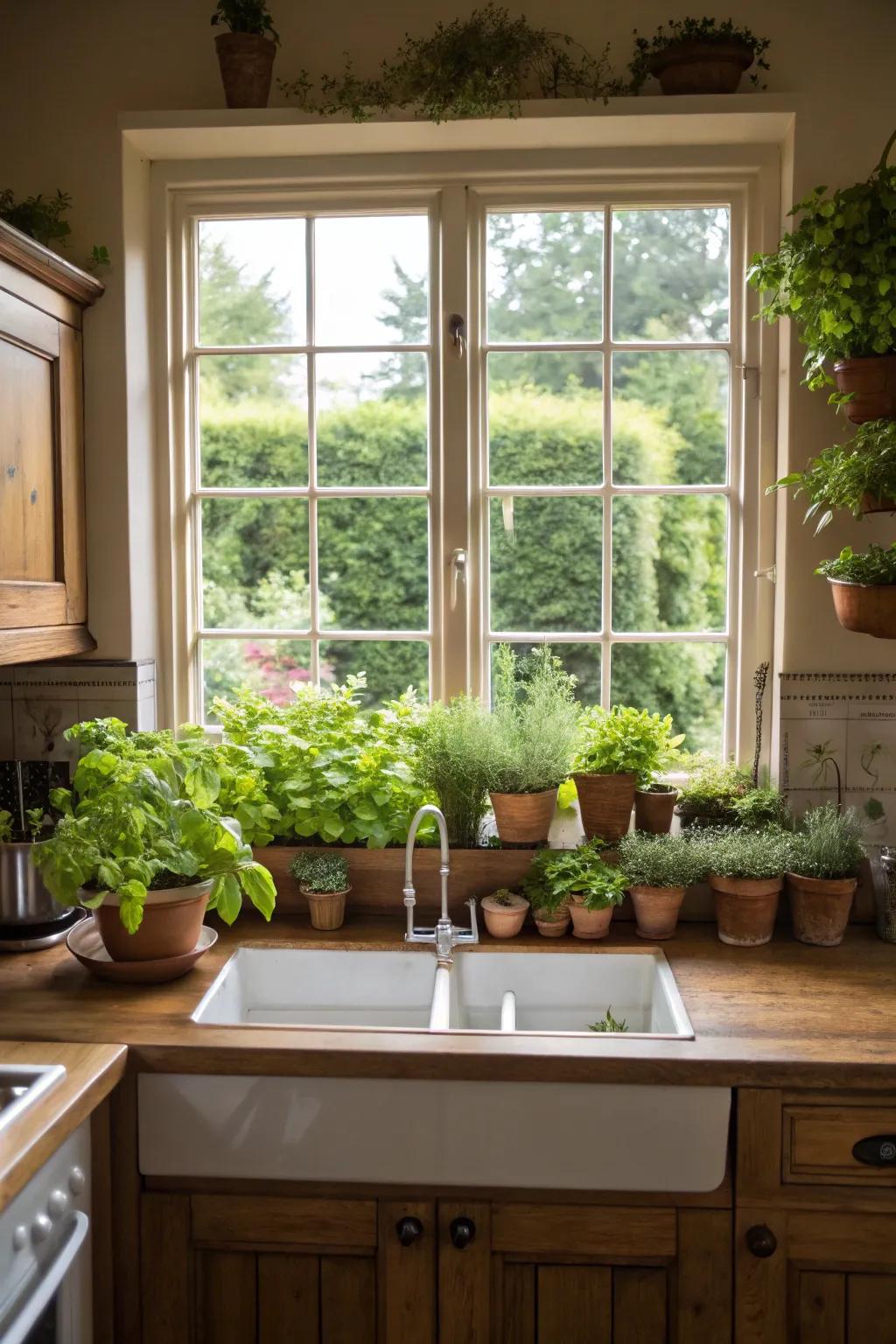 A kitchen sanctuary window teeming with verdant herbs.