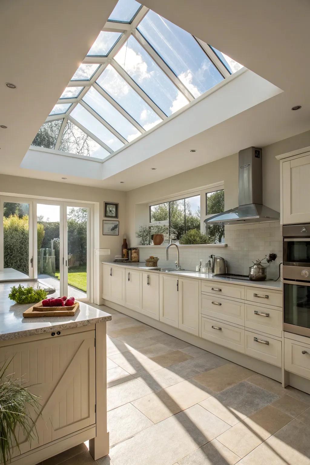 An atrium light bathes this kitchen with ample sunlight, establishing a welcoming atmosphere.