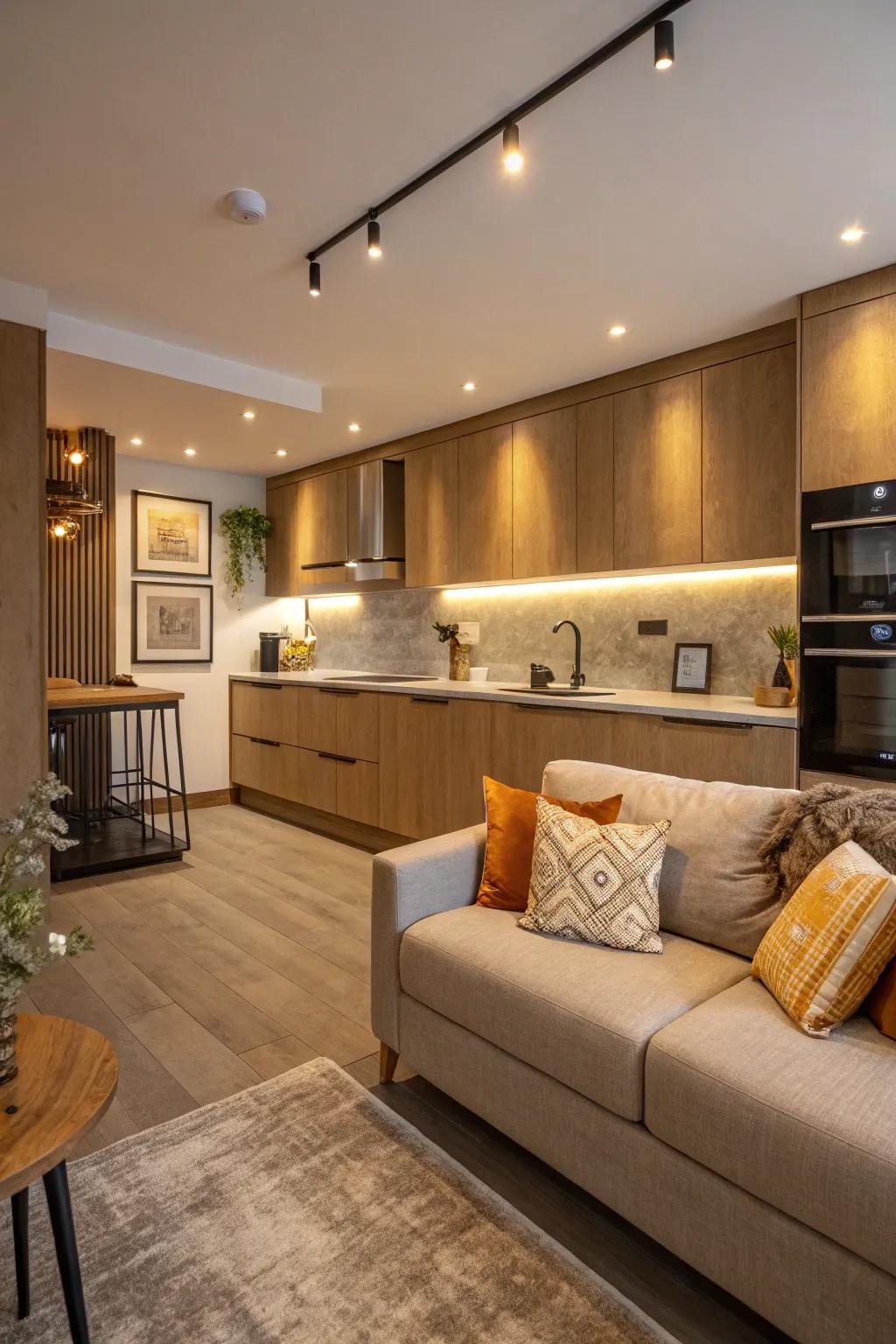 Open-plan kitchen with a cozy sofa area, emphasizing seamless flow and interaction.