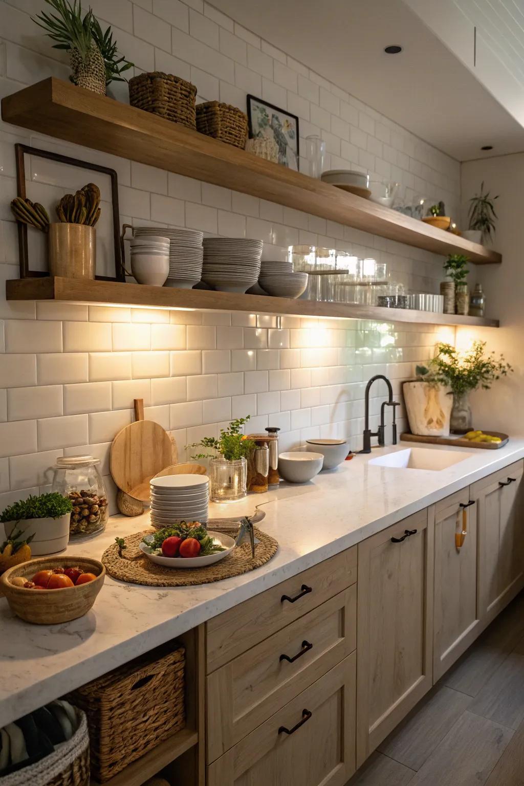 White countertops paired with wooden shelves create a warm and inviting kitchen atmosphere.
