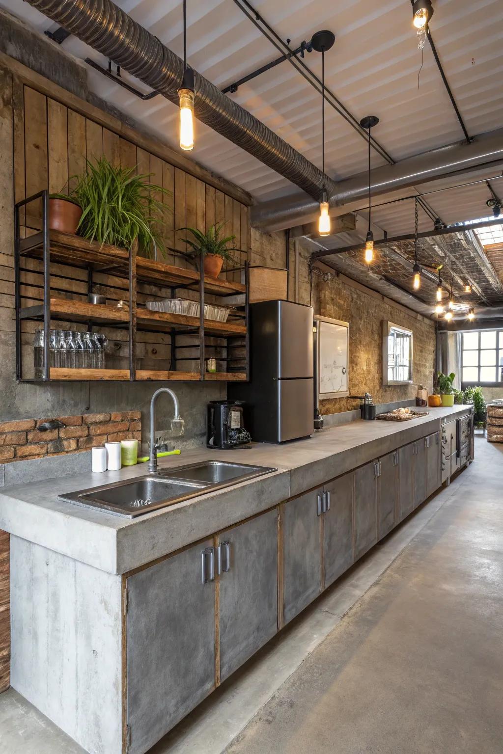 An industrial-style kitchen featuring concrete countertops with metal and wood accents.