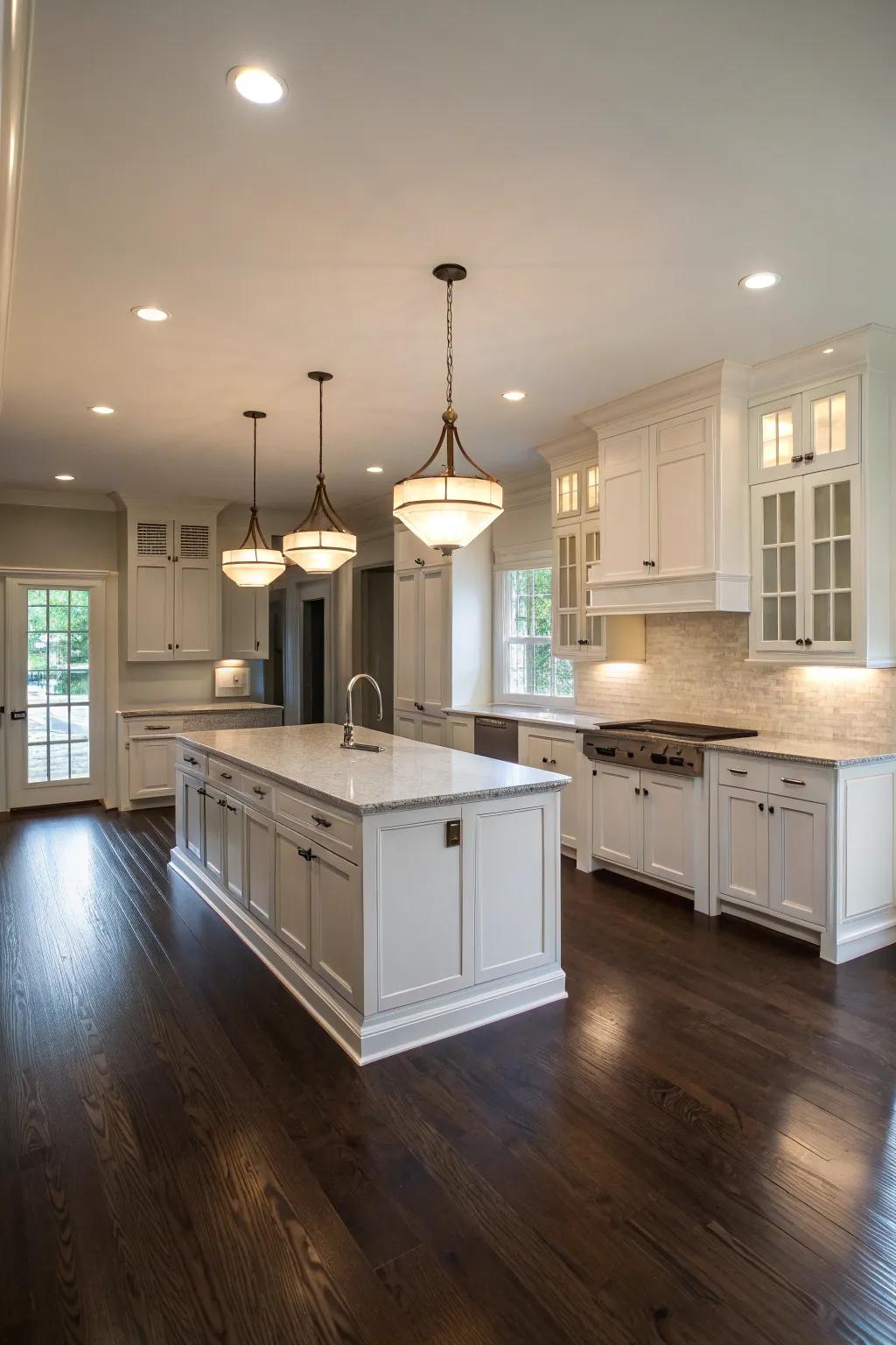 A kitchen with dark wooden floors and white cabinetry creating a striking contrast.