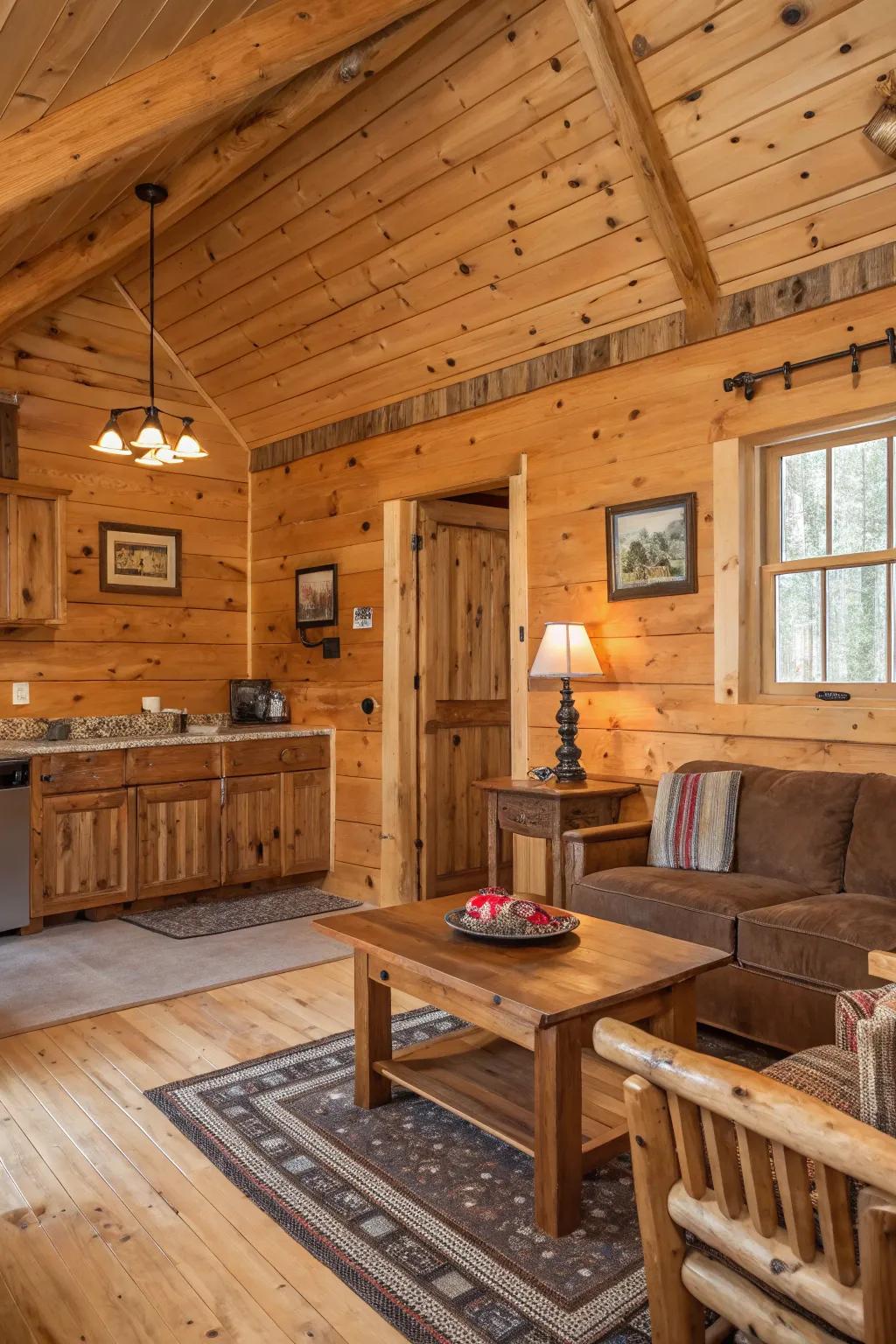 Untreated knotty pine walls emphasizing nature’s allure and pattern.