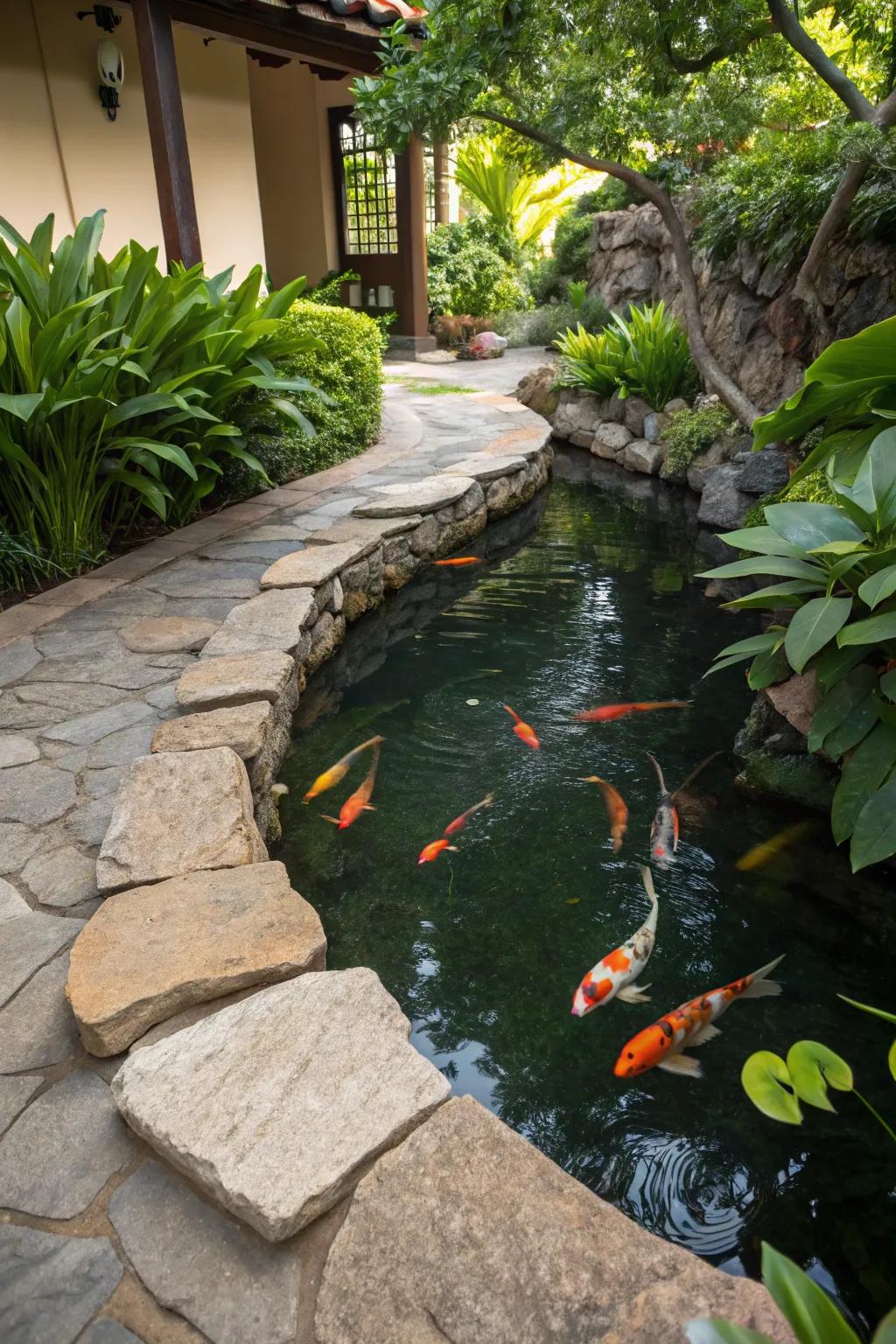 Creek stones bring a rustic element to this koi pond.
