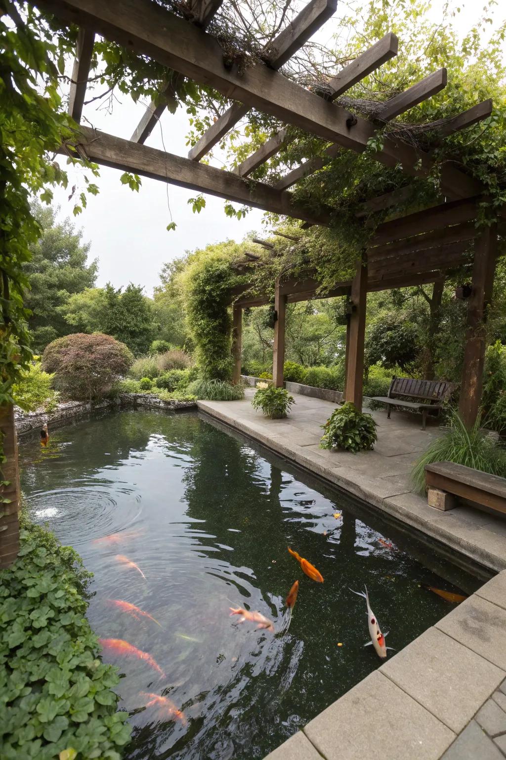 A wooden pergola enveloped in climbing plants, casting shadows over a tranquil koi pond.