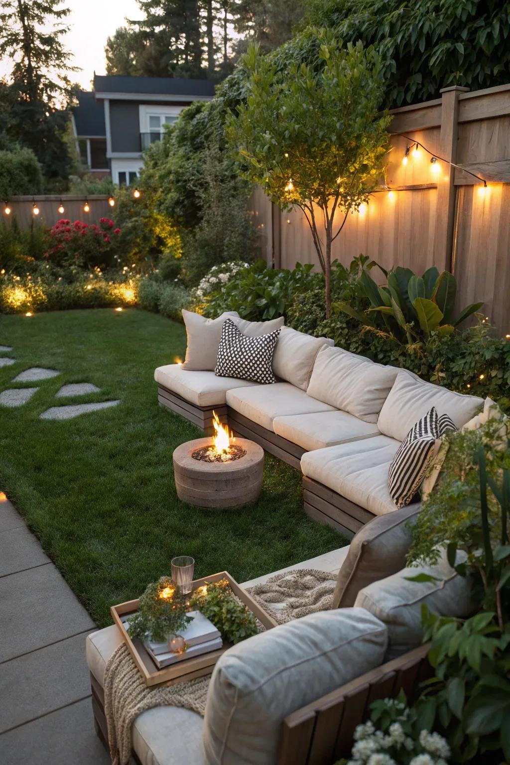 Transform corners into inviting seating nooks with cushions and a fire pit.