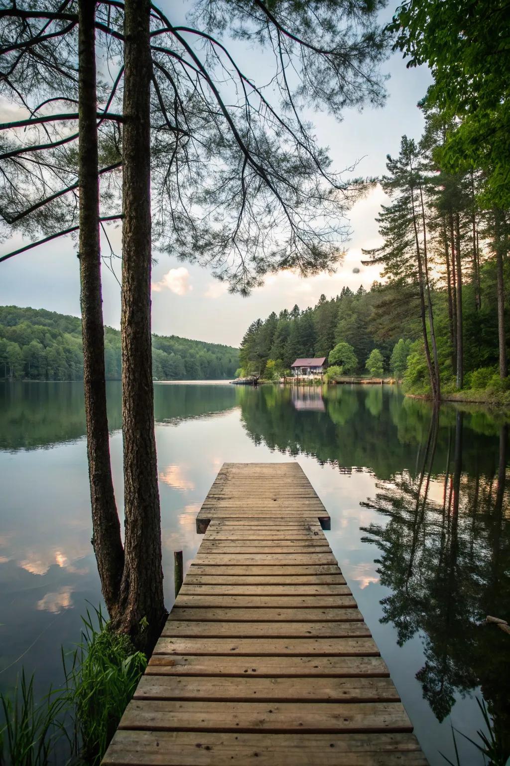 A wooden dock leading into a serene lake, perfect for relaxation.