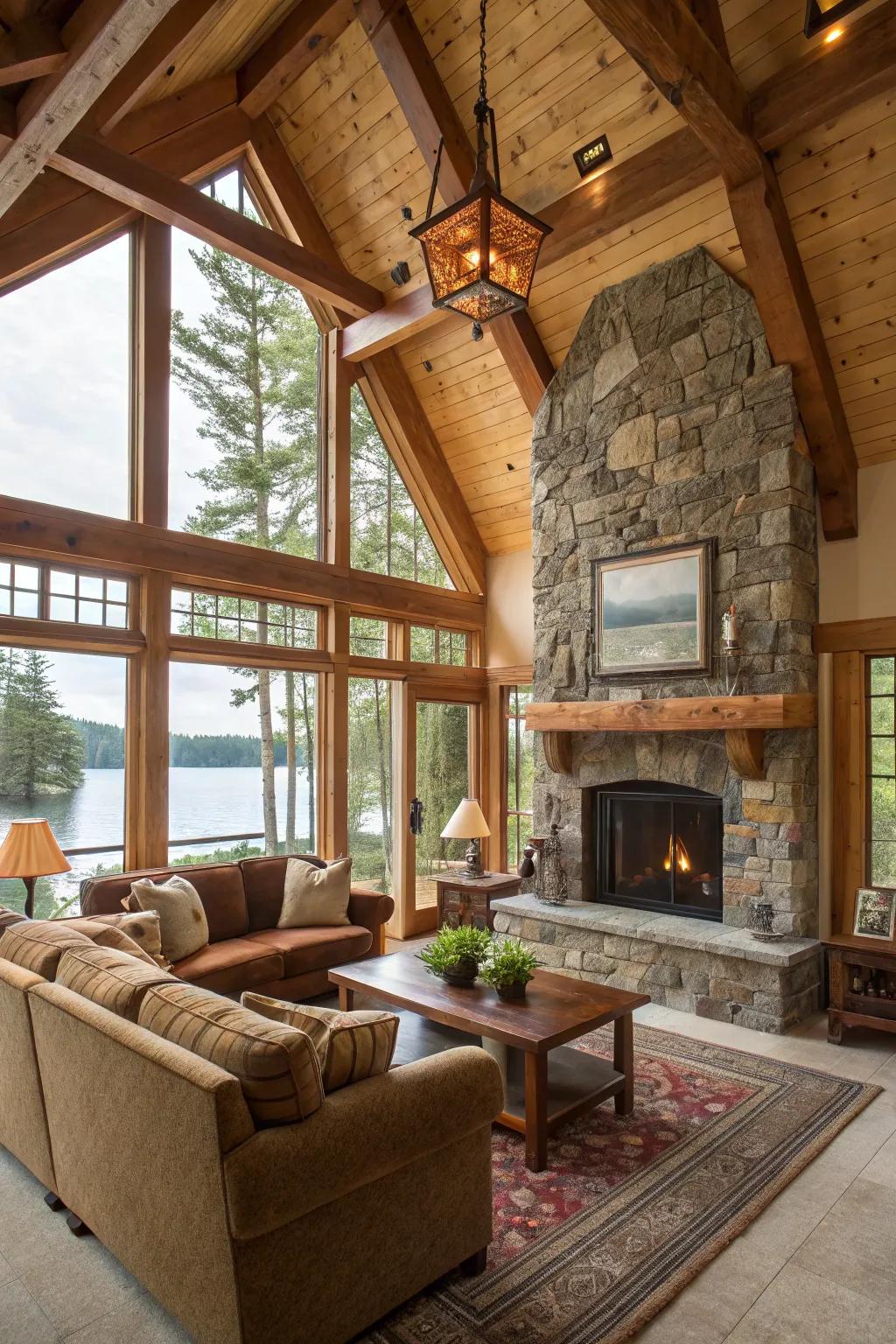 Wood and stone elements create a natural, cozy vibe.