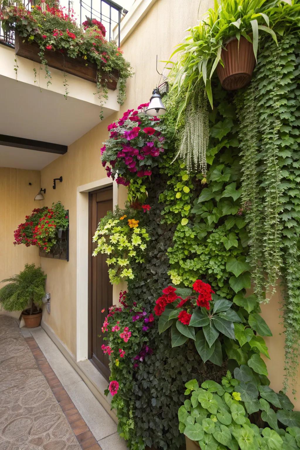 A vertical garden enlivens any corner with minimal use of ground space.