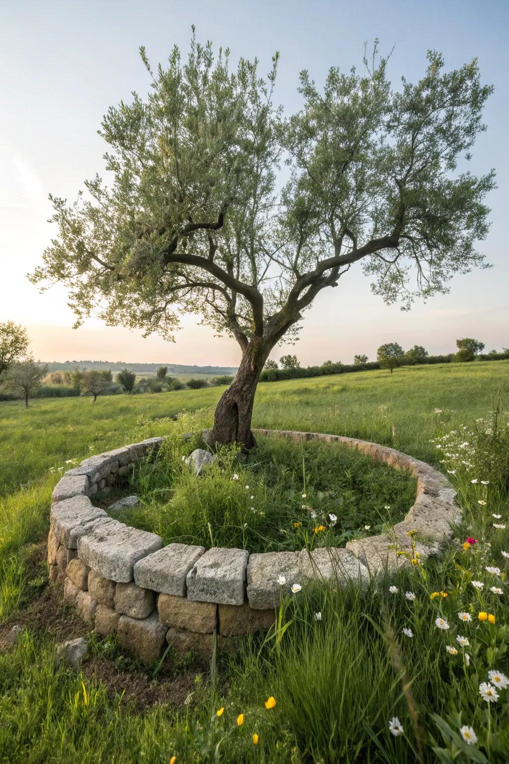 An attractive stone border enhances the intrinsic beauty of any tree.
