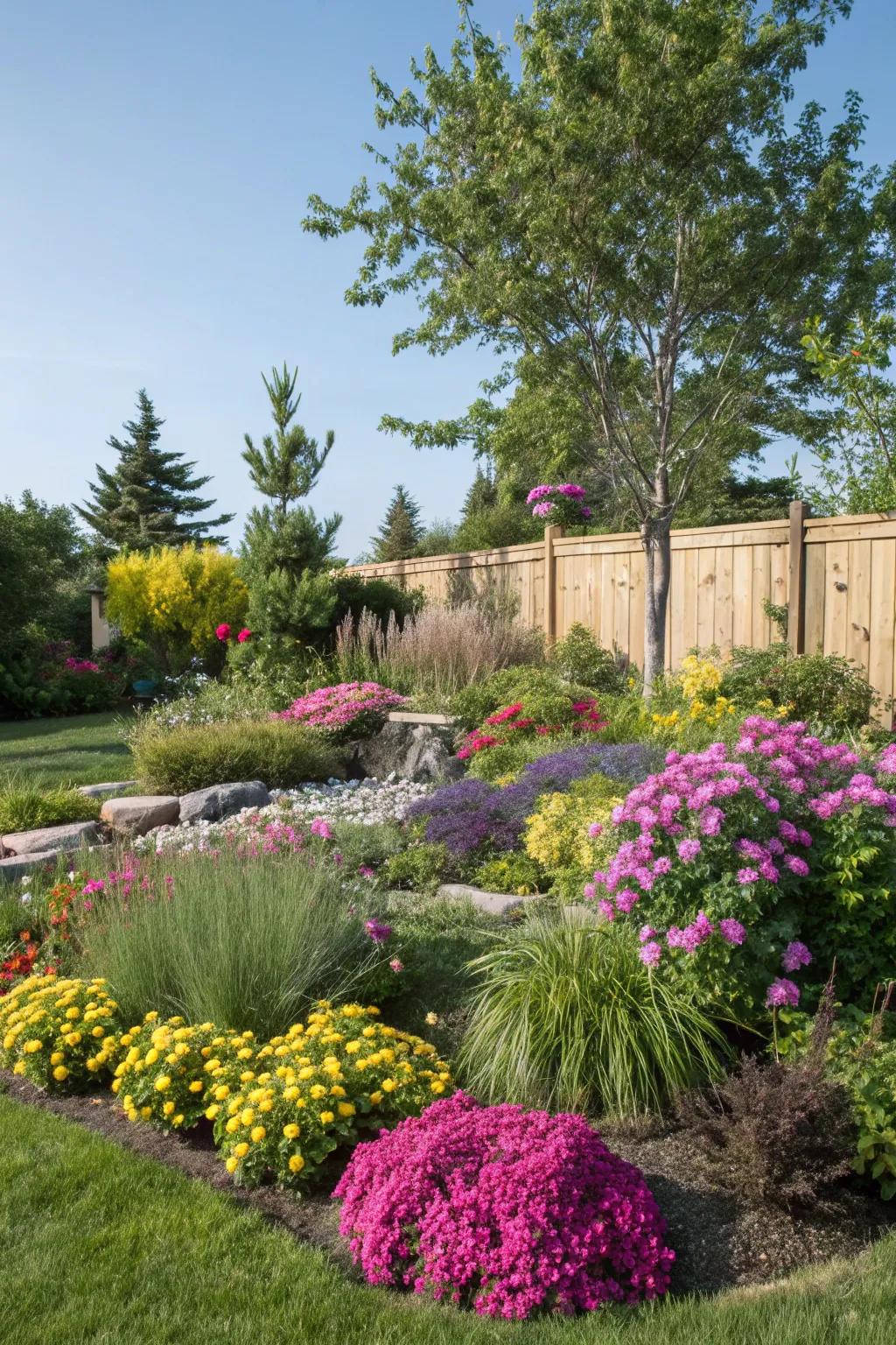 A burst of color and life with diverse plant selections for a landscape island.
