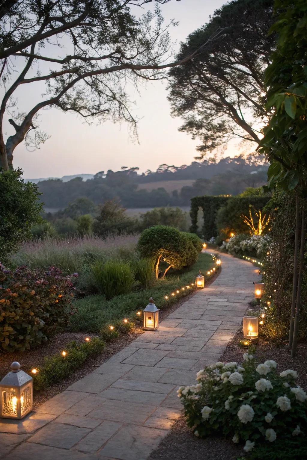 A tranquil garden path bathed in the soft glow of subtle pathway lights.