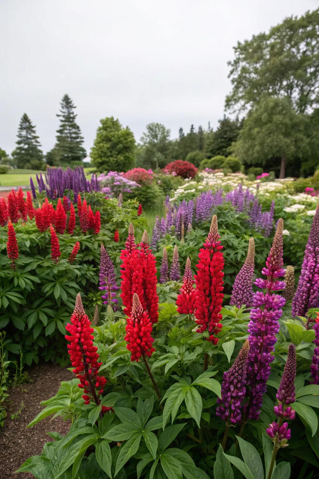 An eye-catching garden bed with bold red and purple flowers.