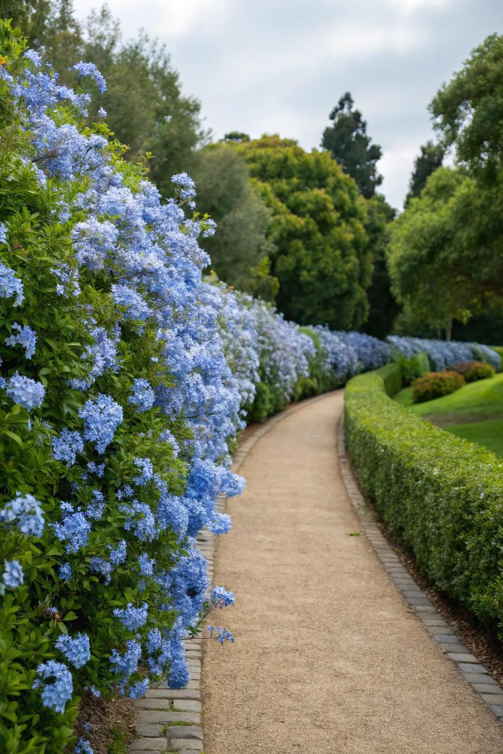 A vibrant hedge of blue plumbago flowers lining a charming garden path.