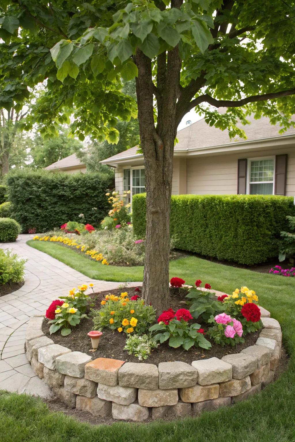 A tree elegantly framed by a stone border, enhancing the garden's natural beauty.