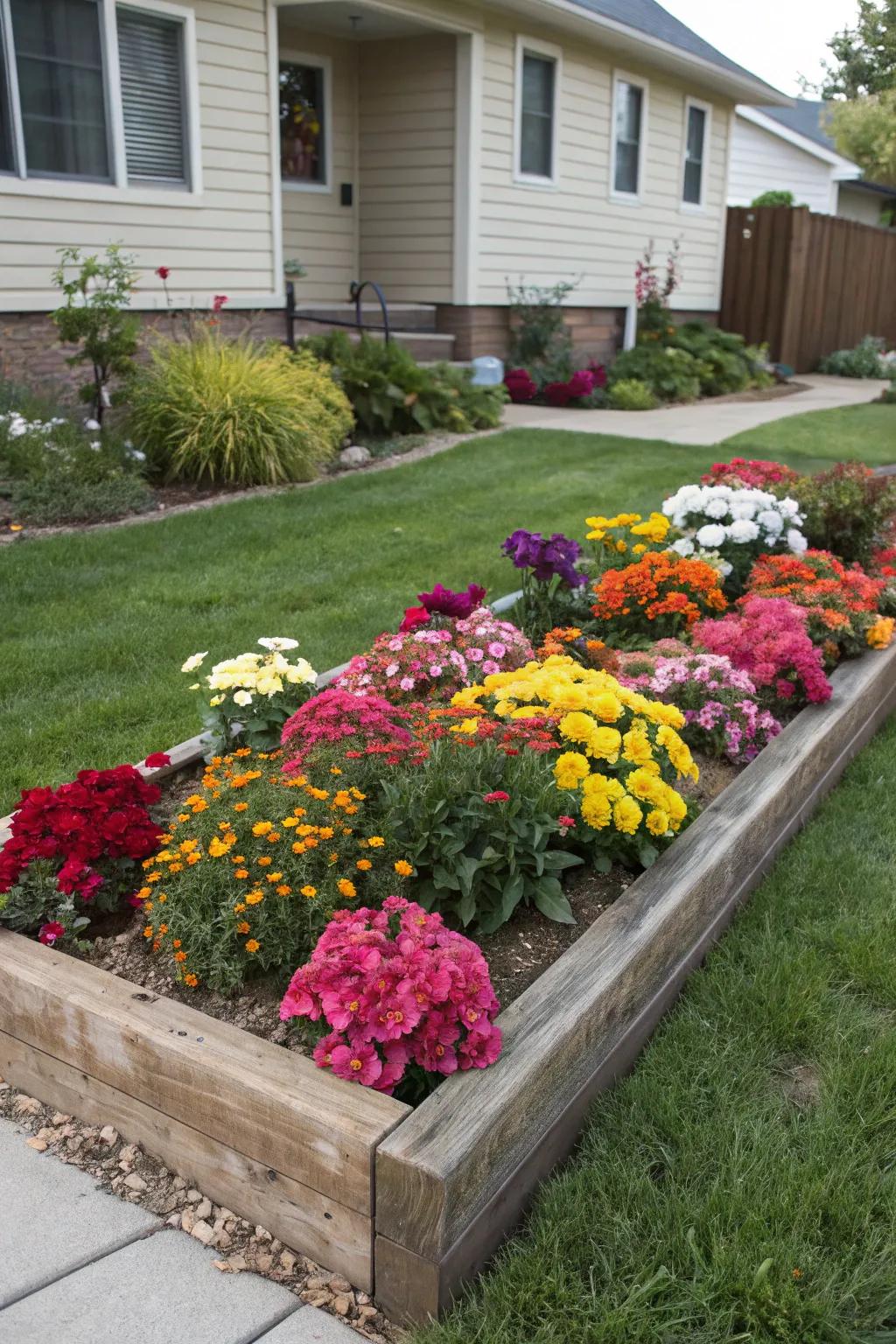 A vibrant flower bed enlivens the front yard with color and vitality.