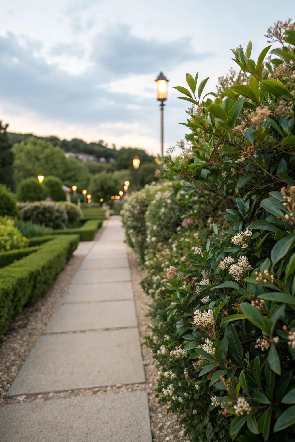 Indian hawthorn adds elegance and structure to garden paths.