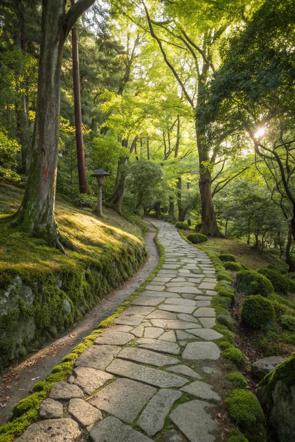 A meandering path of stones cutting through a sun-kissed forest.