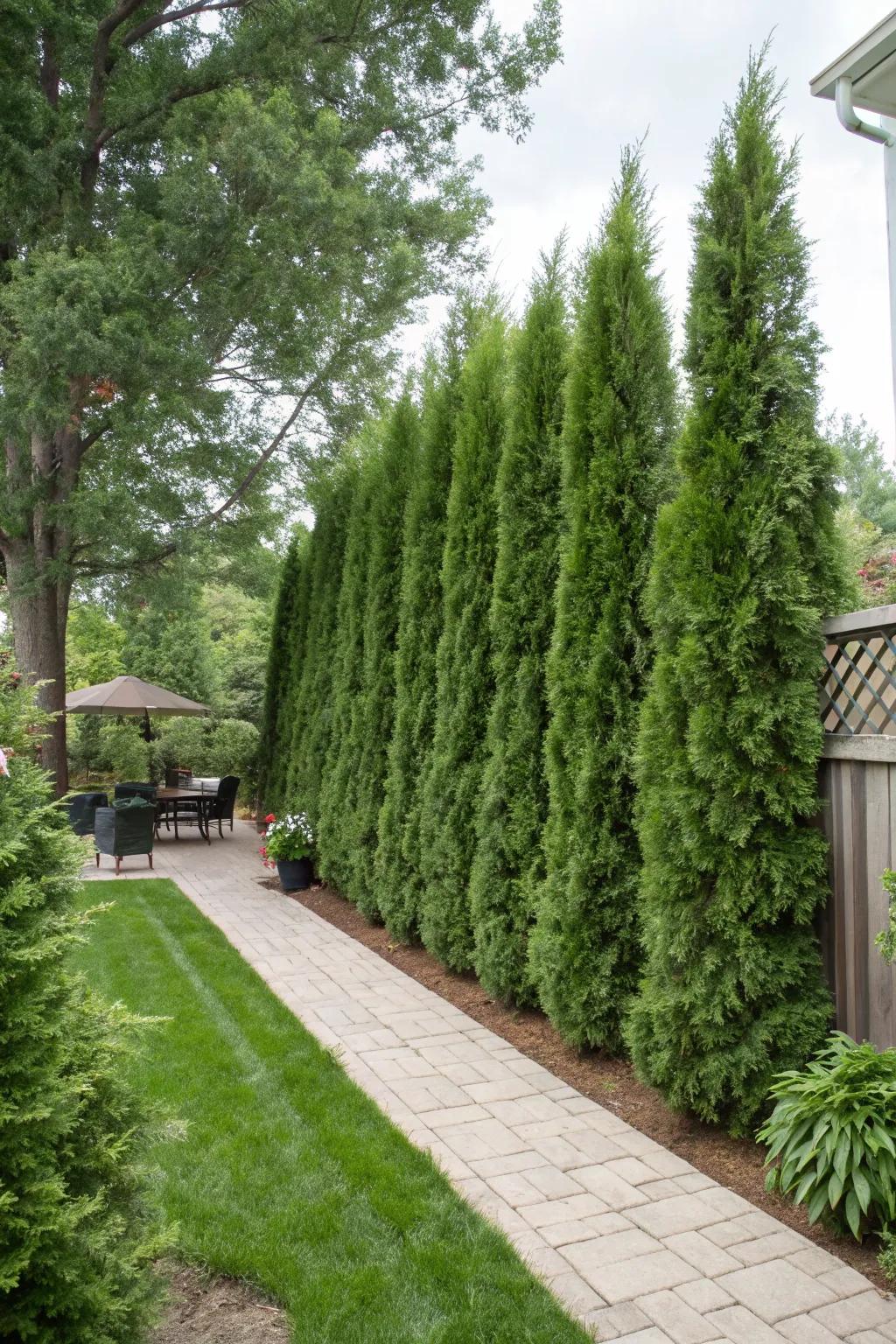 A green wall of arborvitae offers both beauty and privacy.