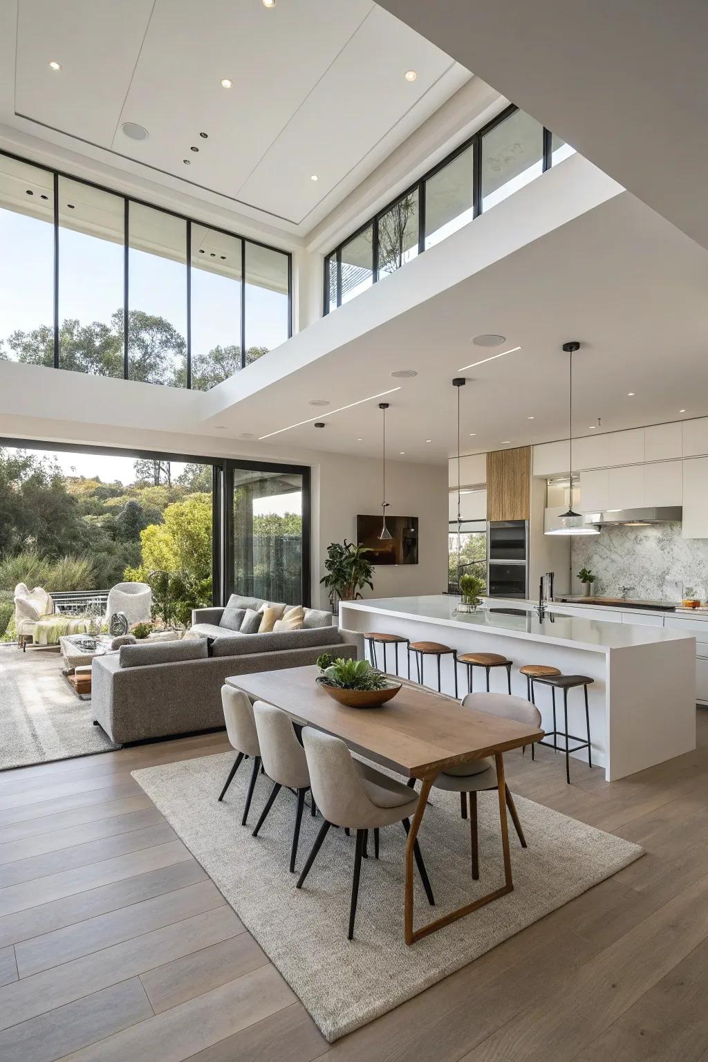 An open-concept kitchen flawlessly connects dining and living spaces.