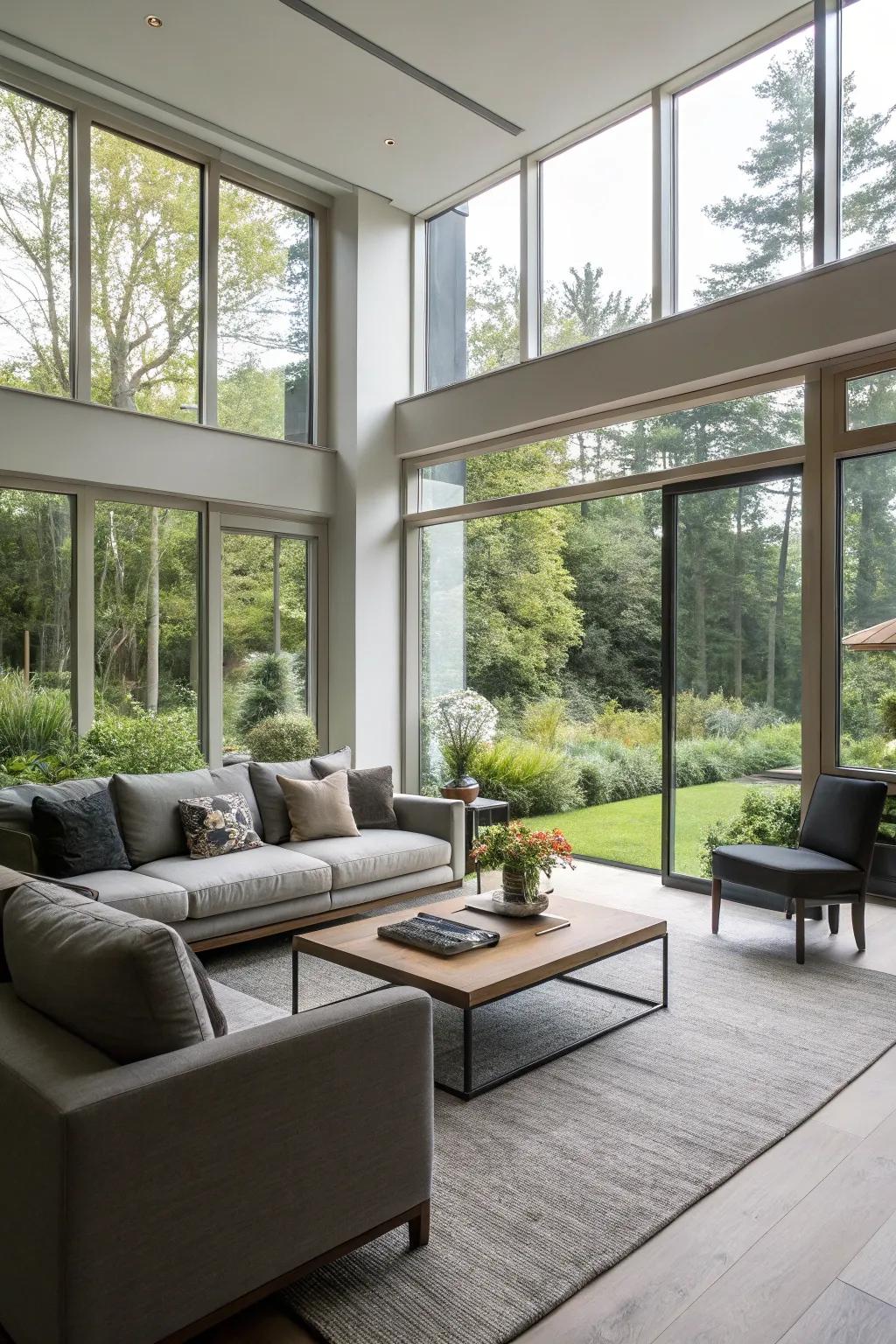 A living room with floor-to-ceiling windows that blur the lines between indoor and outdoor spaces.