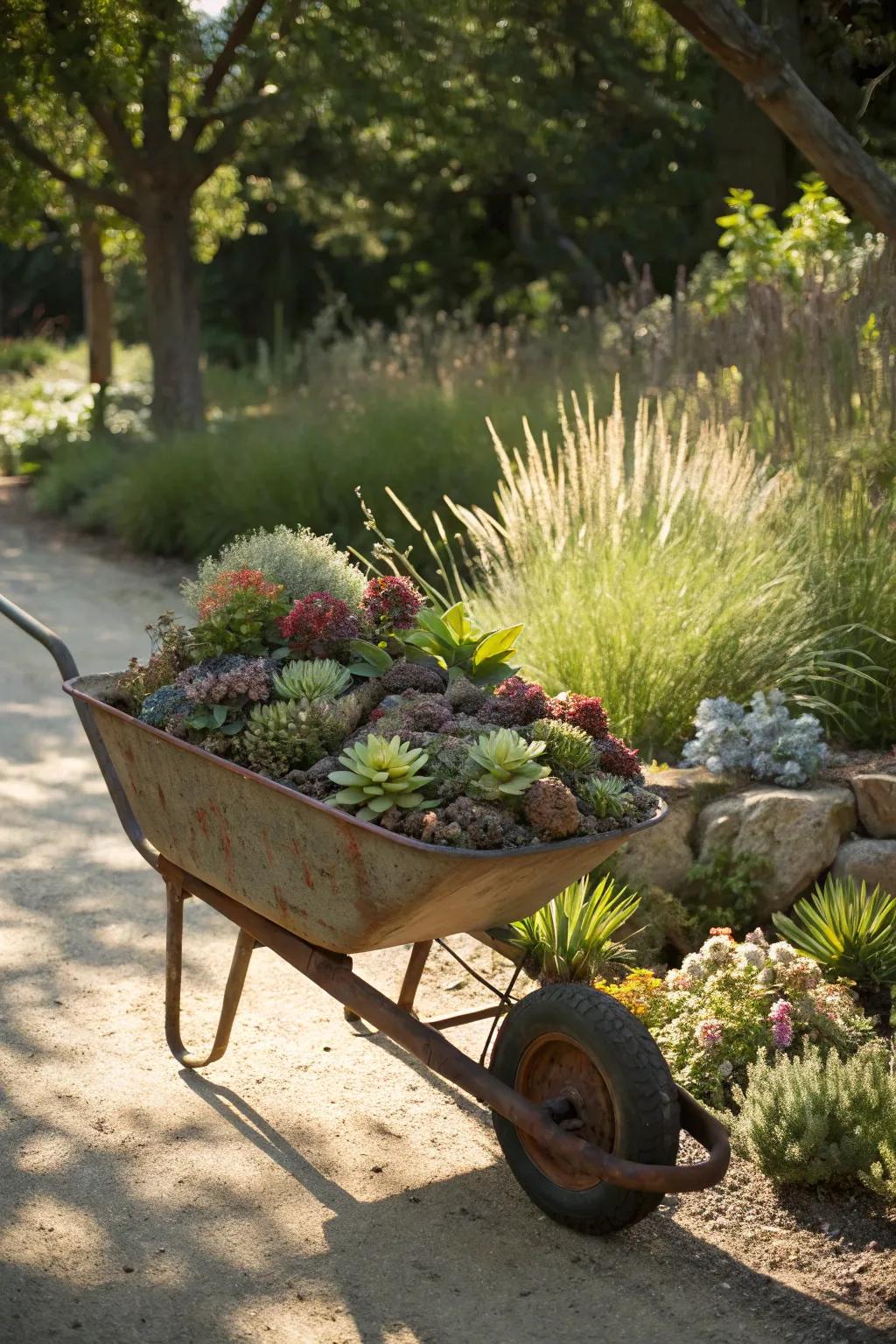 A whimsical wheelbarrow planter overflowing with lush succulents.