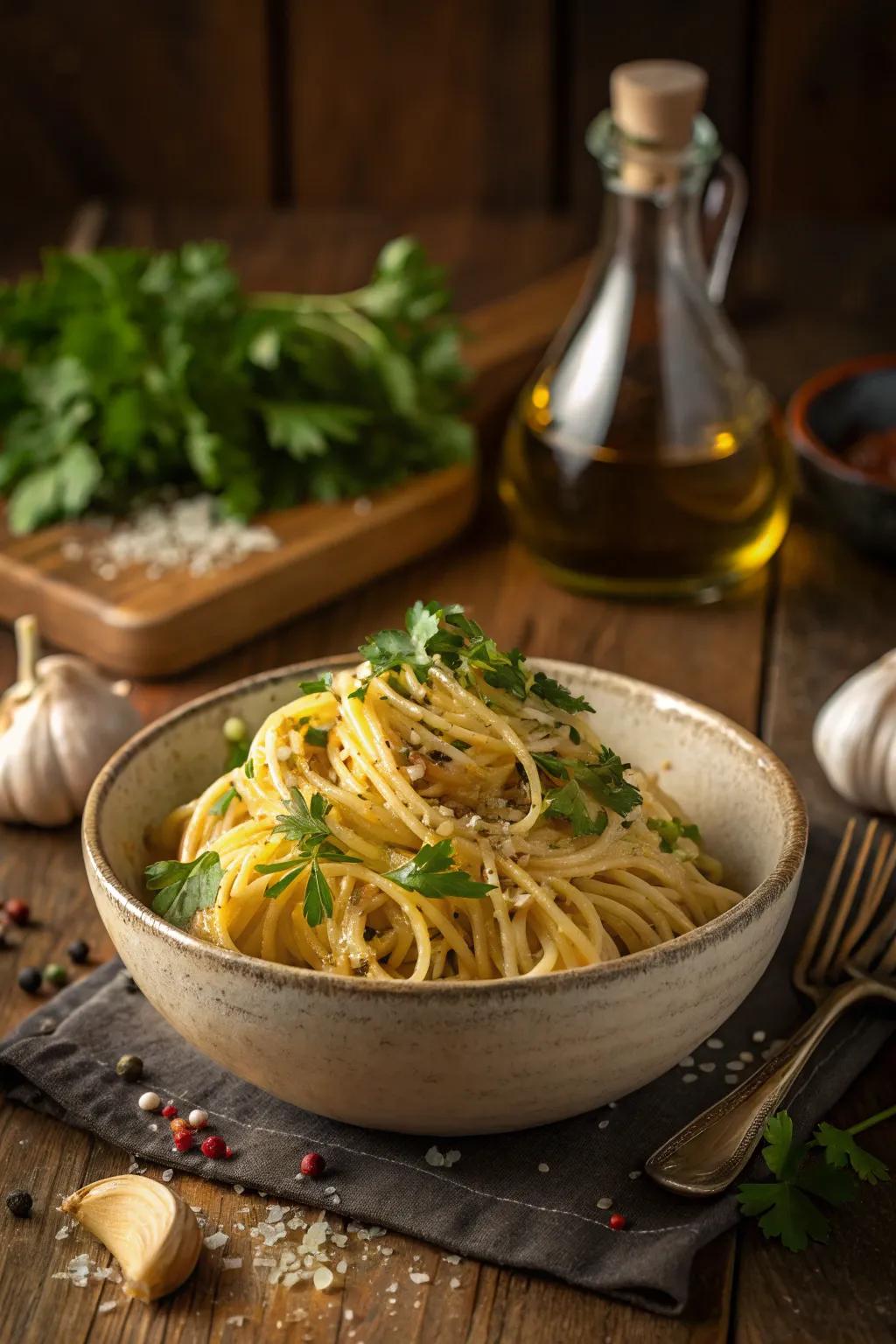 Simple, flavorful Spaghetti Aglio e Olio is tailor-made for late-night yearnings.
