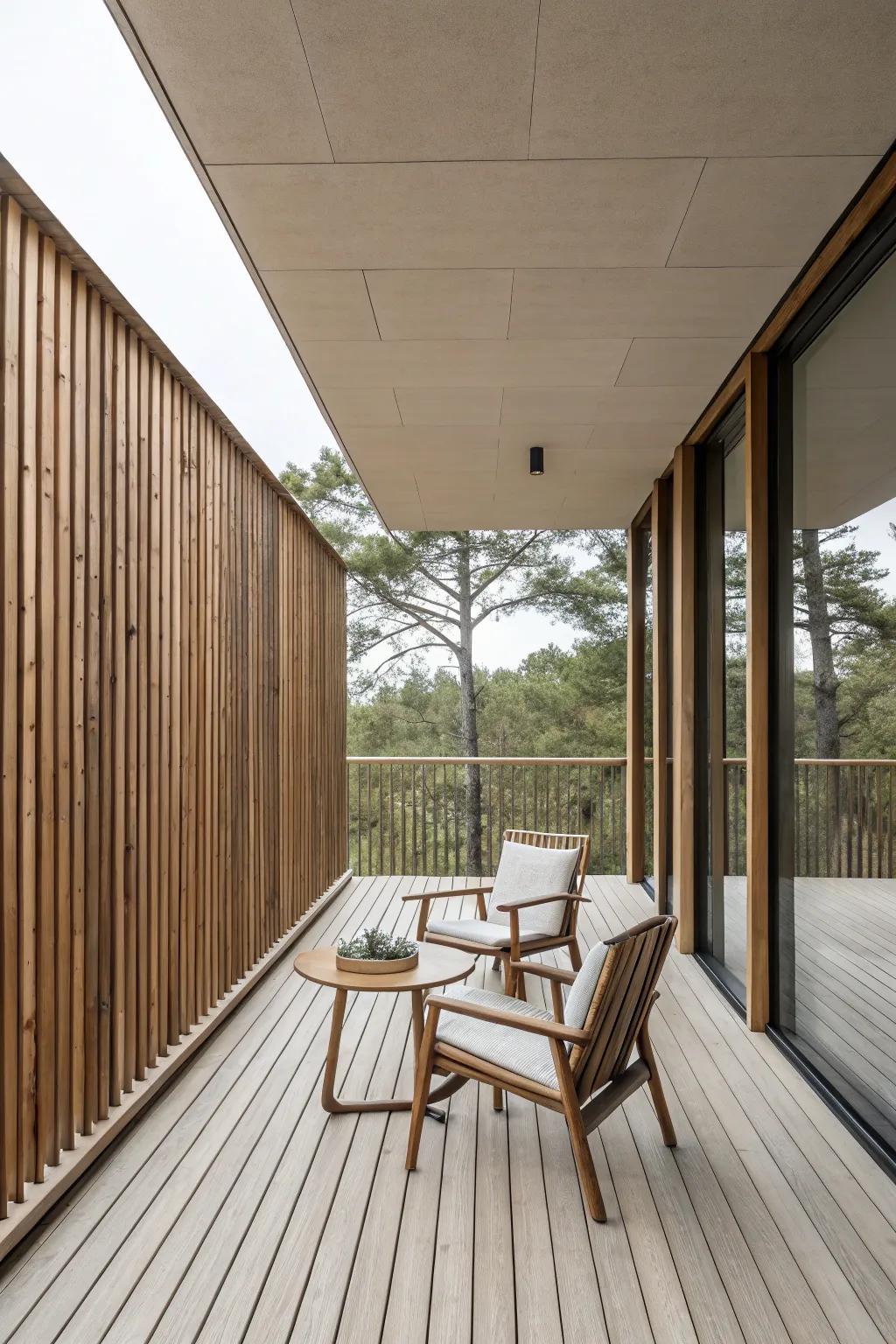 Vertical wood slats enhance the contemporary ambiance of this outdoor space.