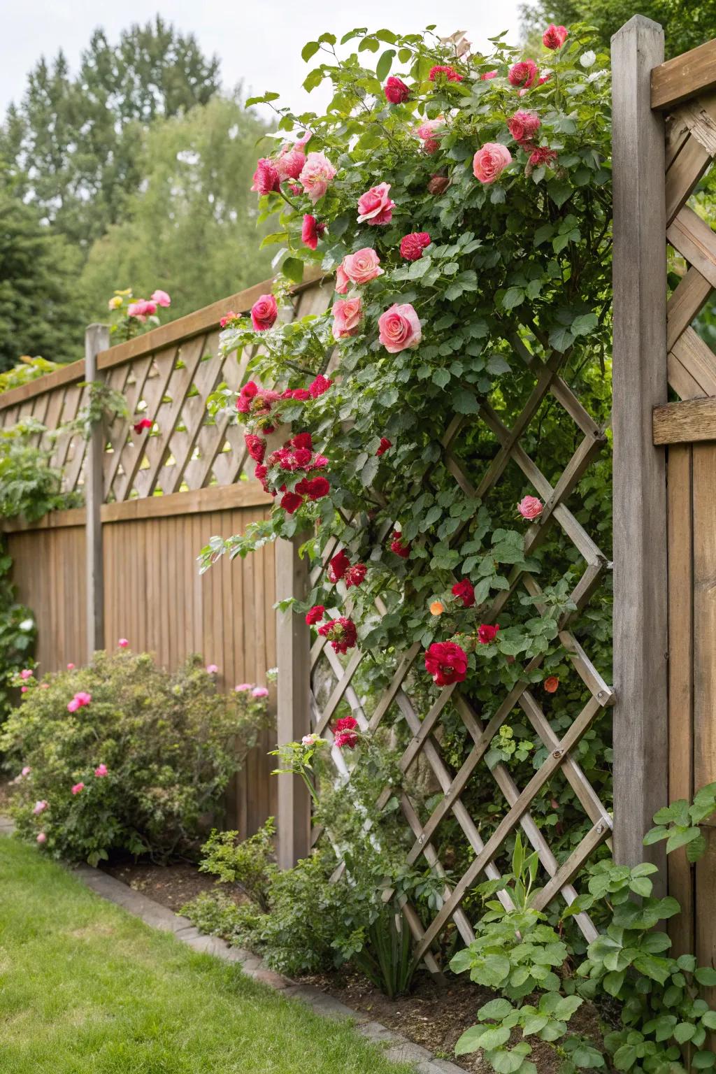 Enhance the allure of your garden with ornate trellis fence segments.