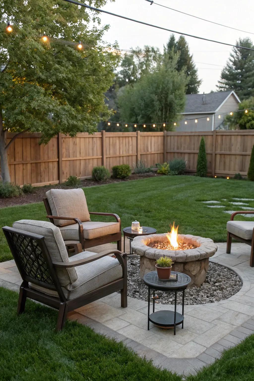 An alluring outdoor space featuring comfortable seating and a fire pit, great for hosting get-togethers.