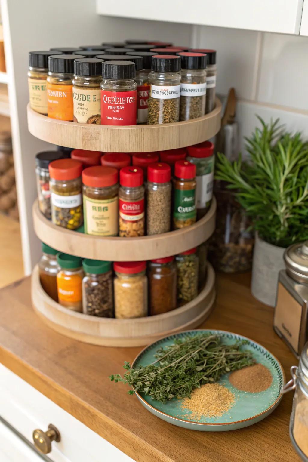 A neat spice cabinet featuring a spinner, displaying a variety of spices arranged with care.