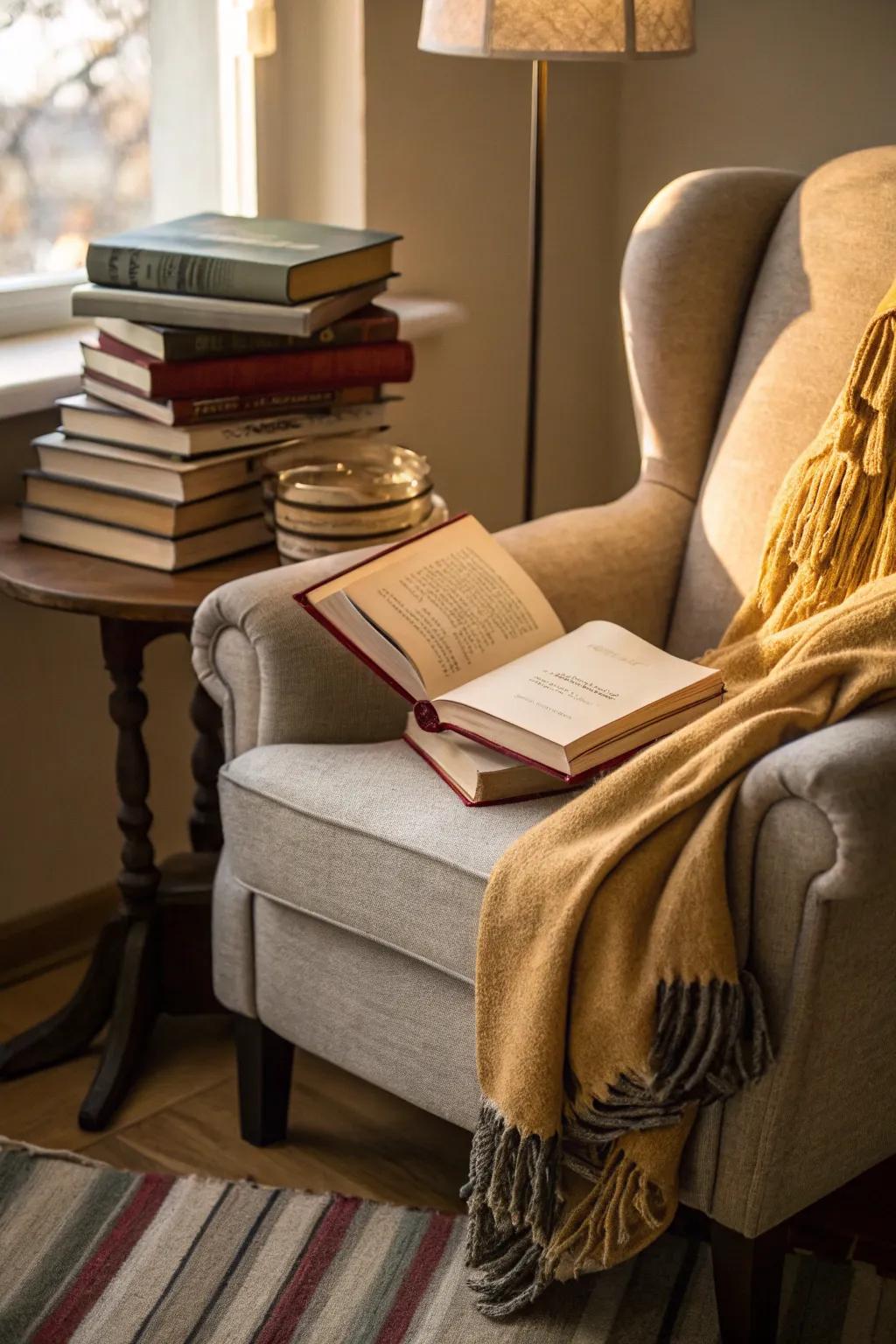 An intimate reading sanctuary highlighted by a plush armchair and an assortment of books.