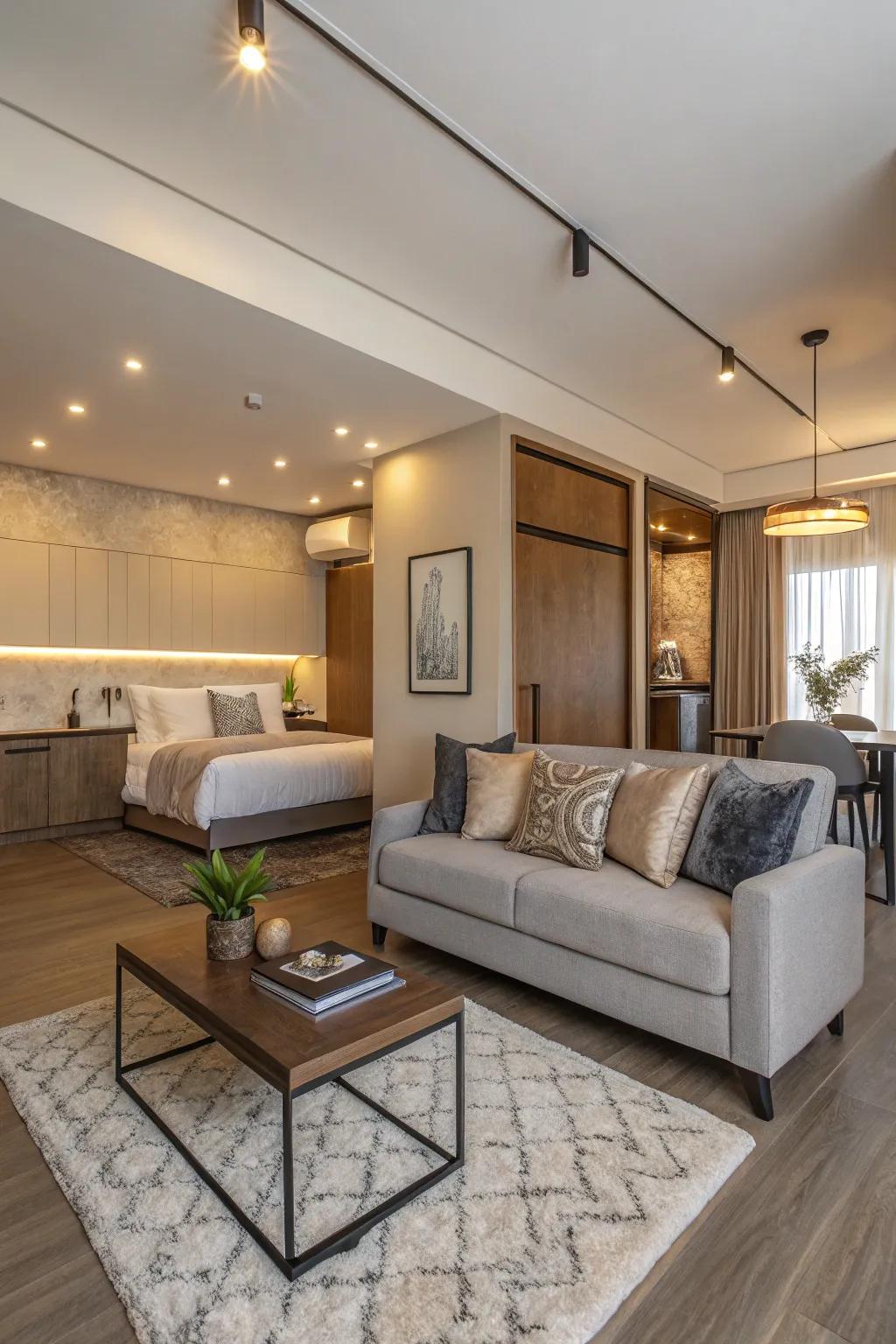 An open design balances living and sleeping areas beautifully.