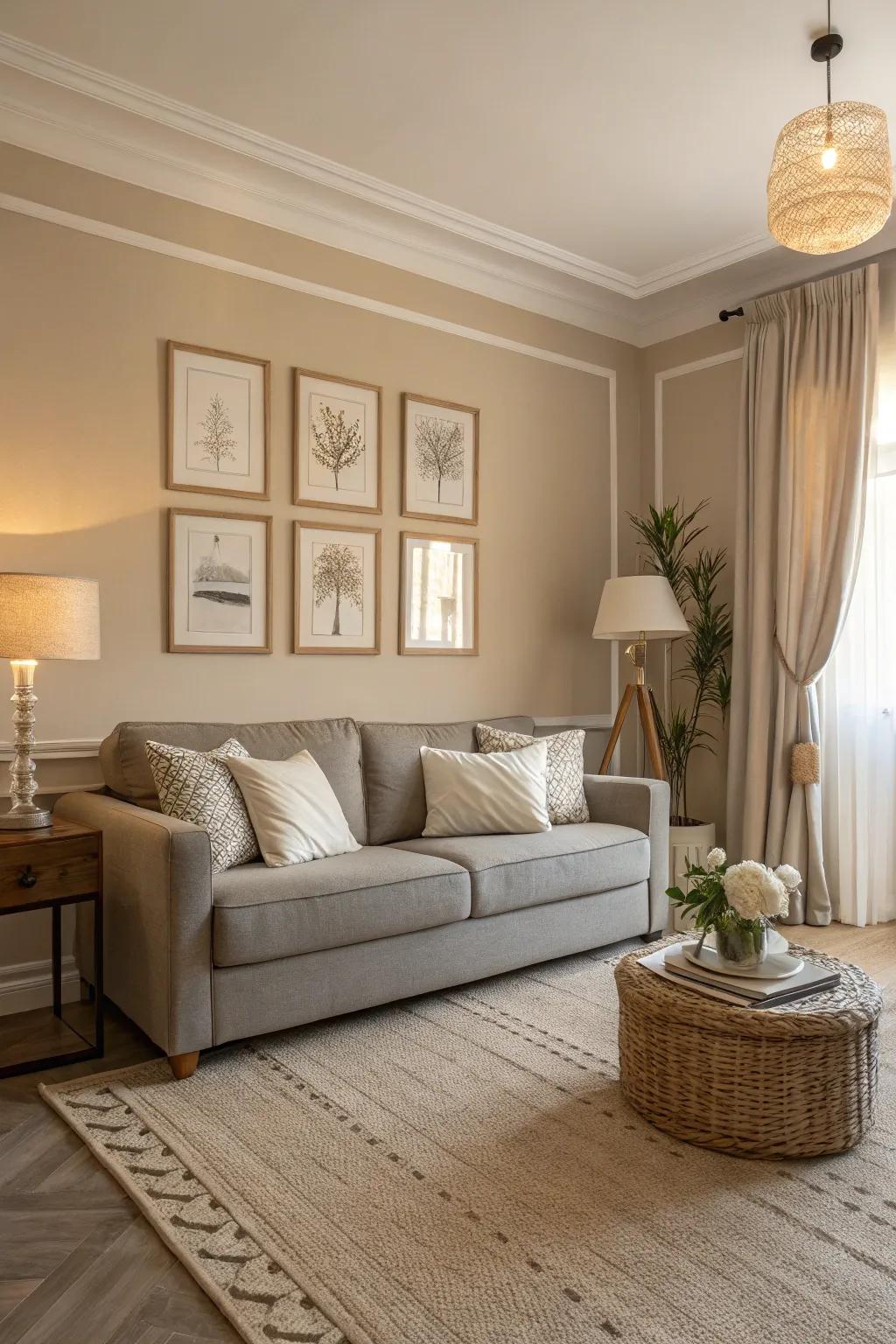 A serene living room featuring a soothing neutral color palette.