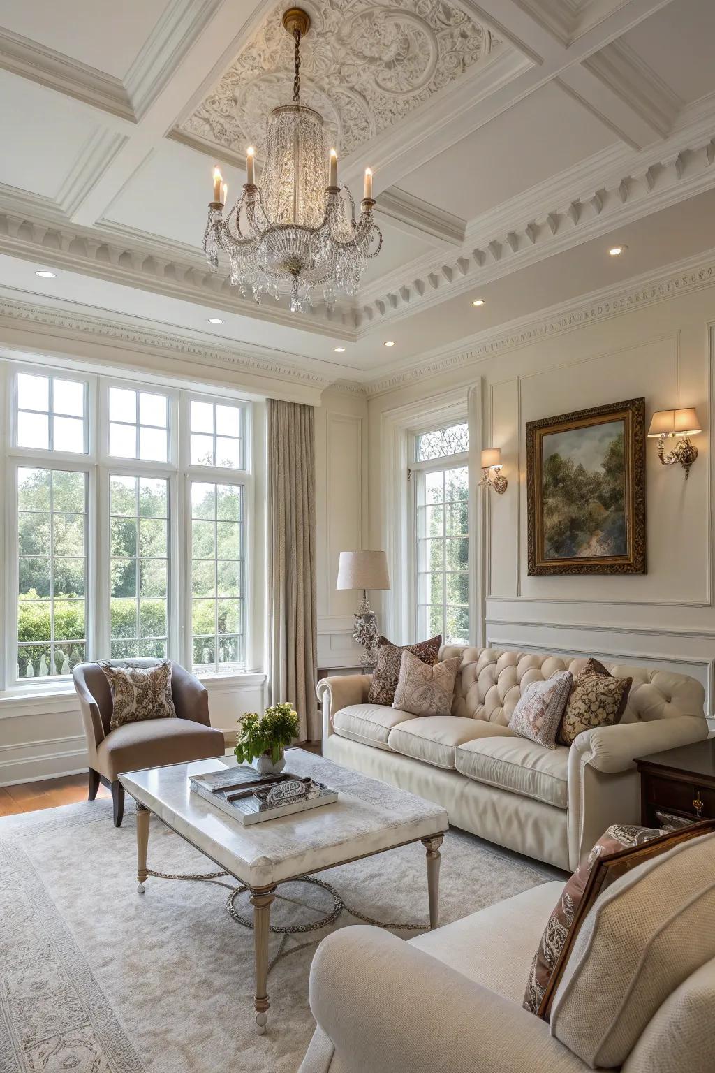 Classic ivory crown molding introduces lasting elegance.