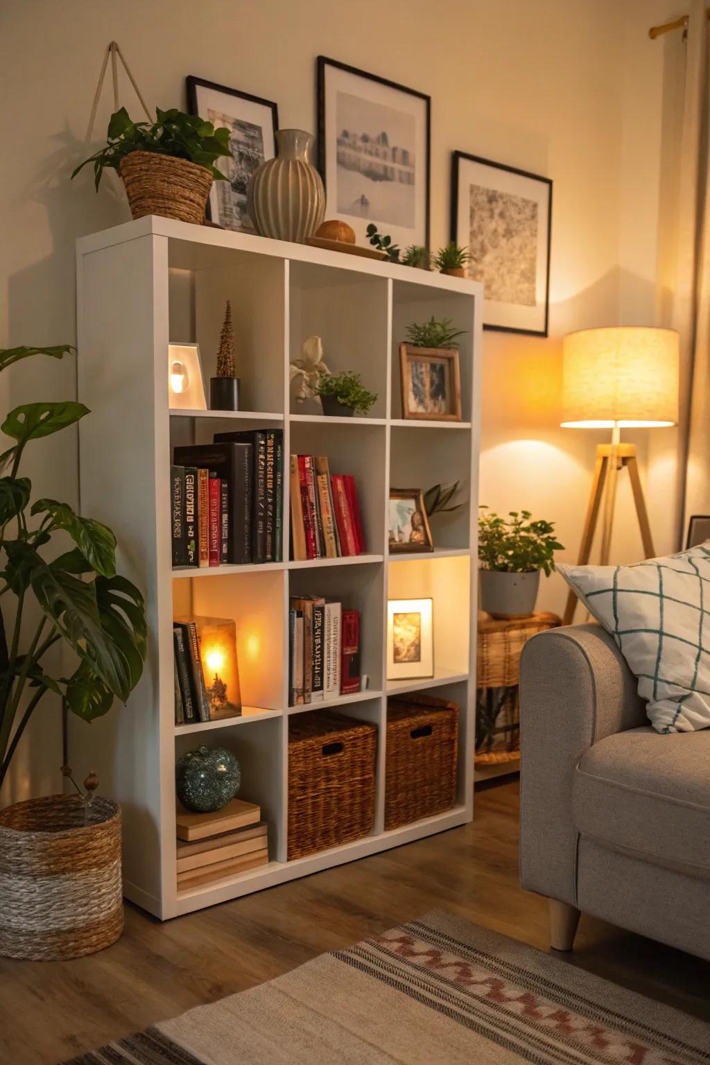 An inviting literary corner showcases how modular shelving beautifully marries books and decor.