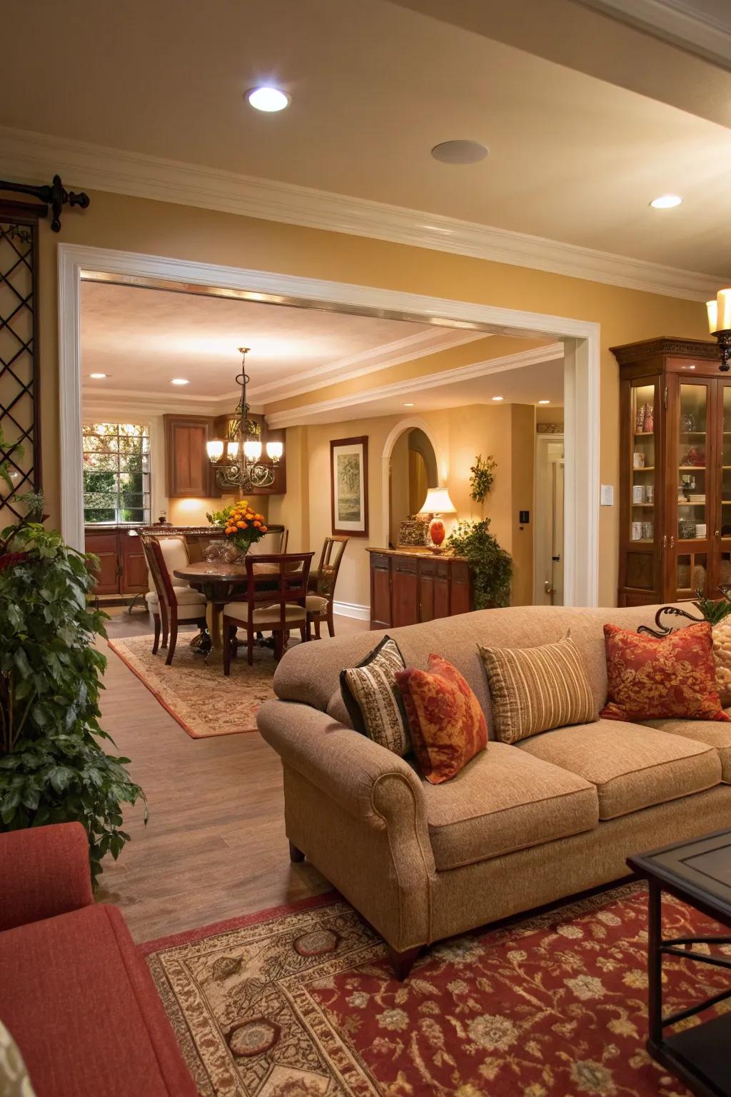 A sofa thoughtfully delineates the living area from the dining space, encouraging both usability and a smooth transition.