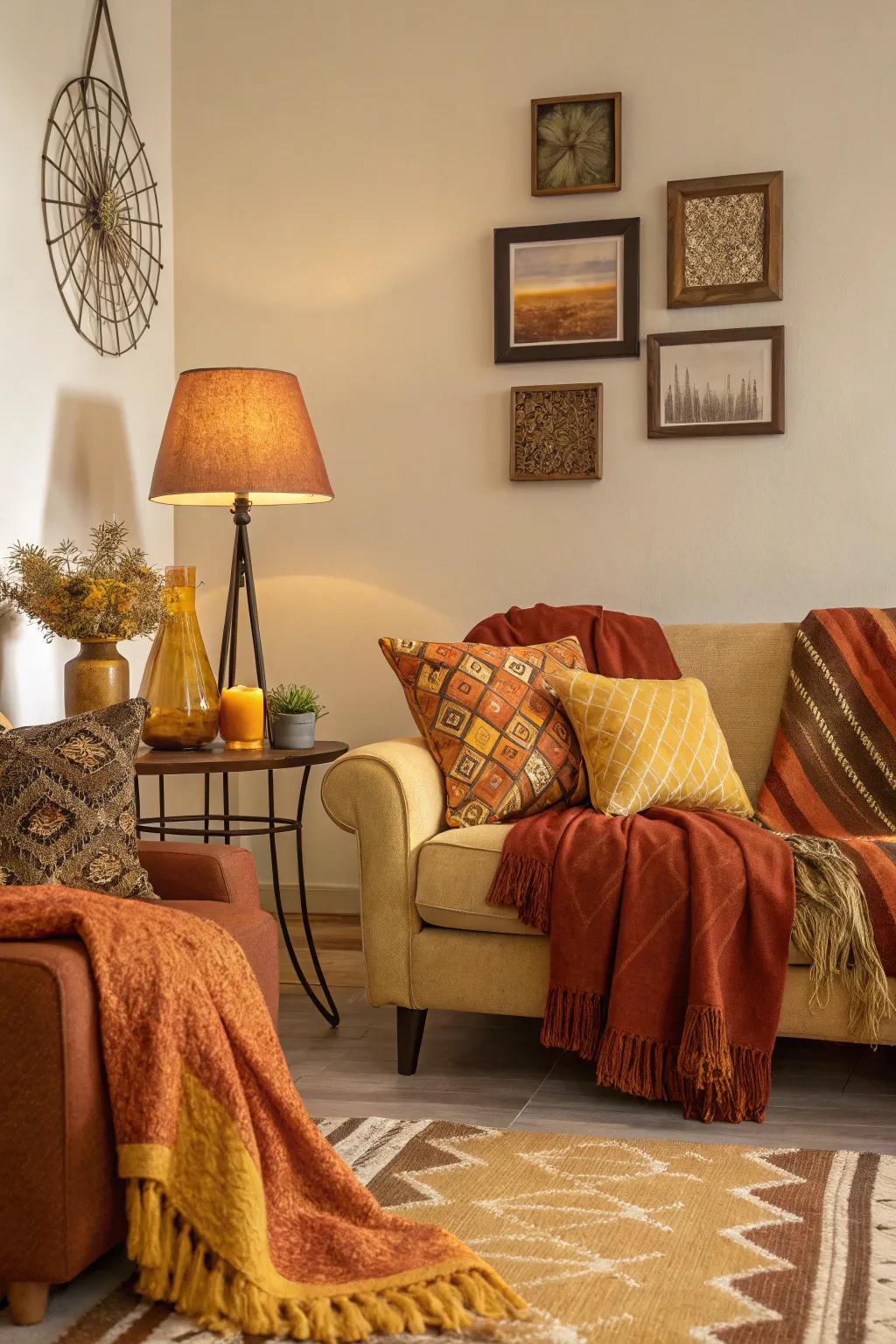 A palette of warm orange, brown, and yellow hues transforms this living room into a relaxing fall-themed space.