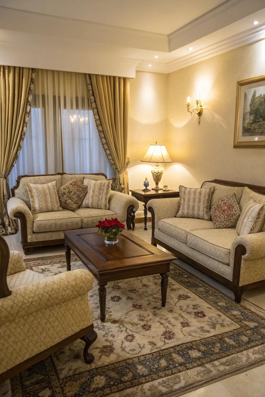 A classic living room configuration with a sofa and chairs situated opposite each other.