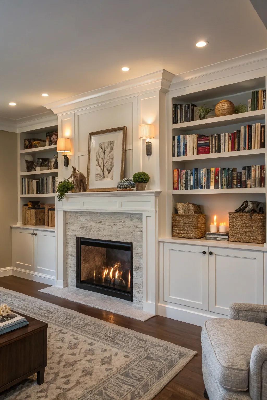 A living room with built-in shelving around the fireplace, showcasing books and decor.