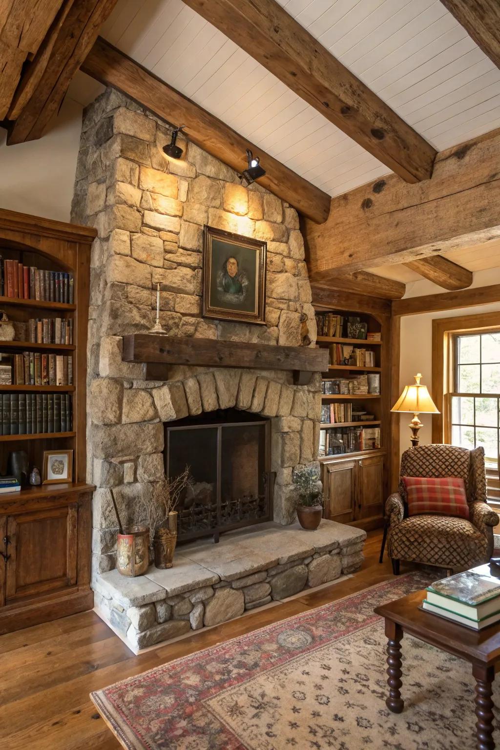Welcome the provincial appeal with a stone hearth that feels like a country escape.