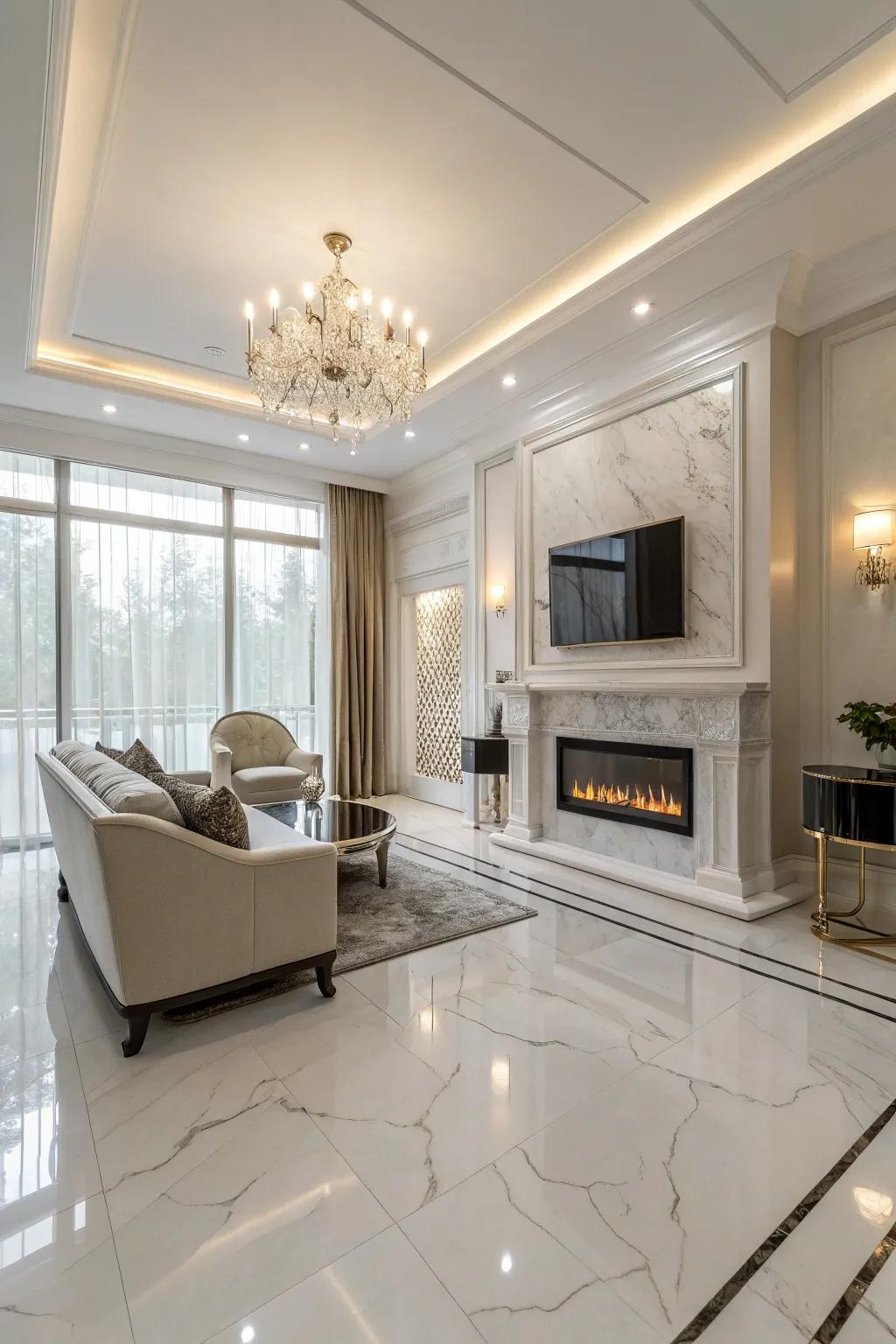 Elegant family room featuring refined ivory stone tiling.