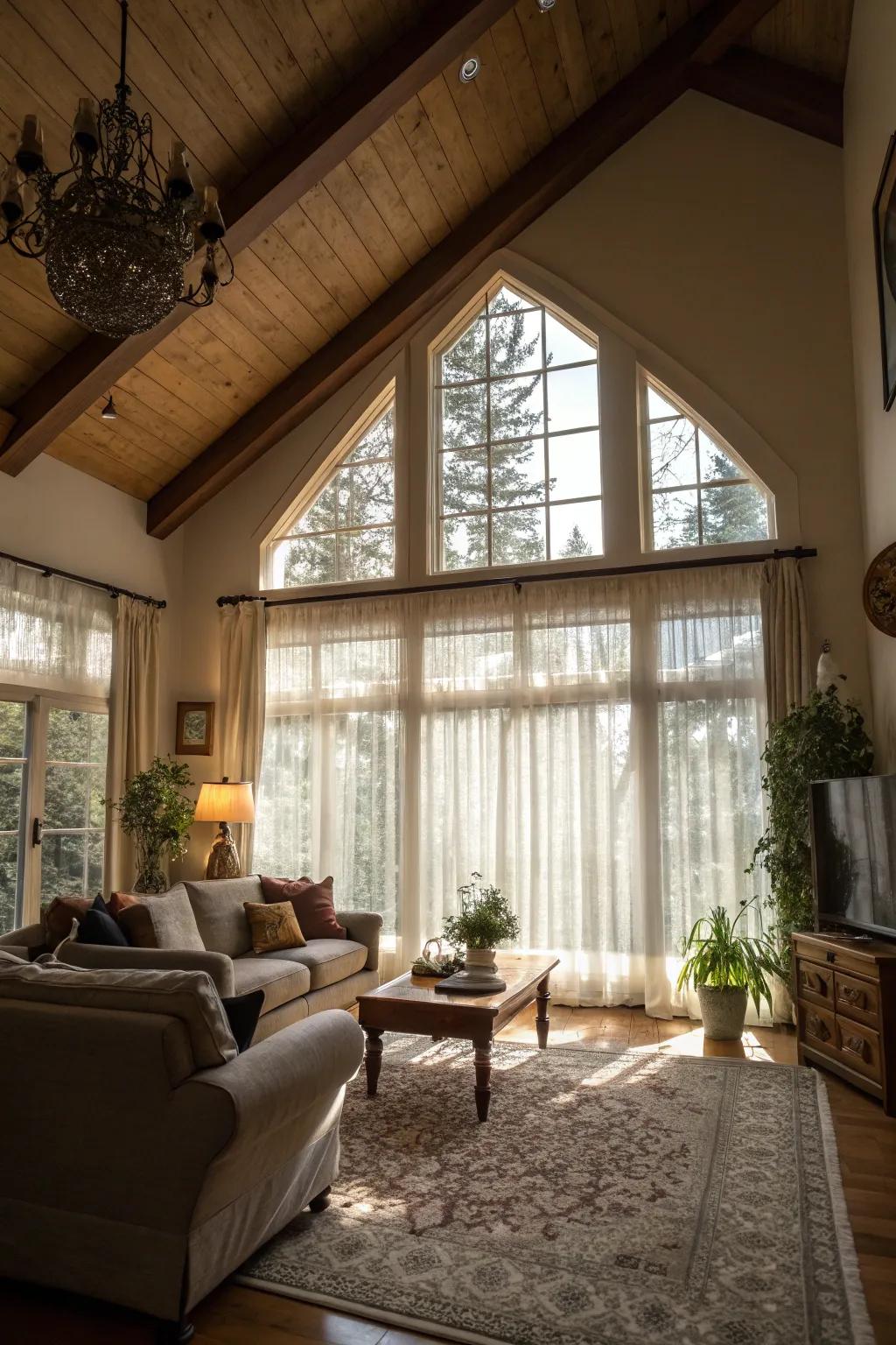 Embrace natural light with sheer curtains in a vaulted ceiling living room.