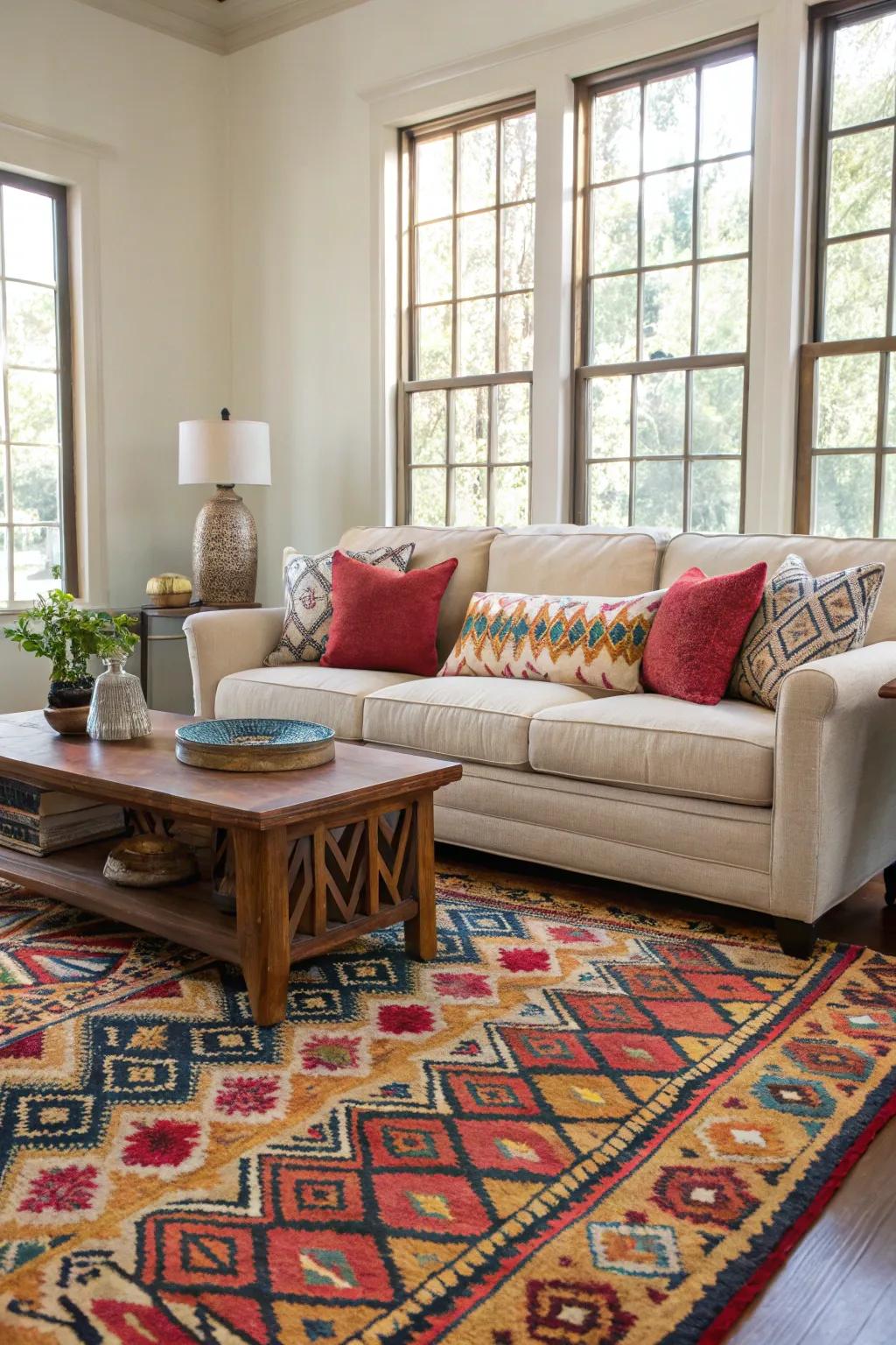 A vibrant rug can bring your living room to life, accentuating a neutral couch in stunning fashion.