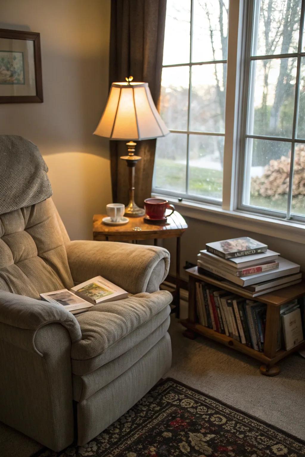 A serene reading nook with a plush recliner, perfect for unwinding.