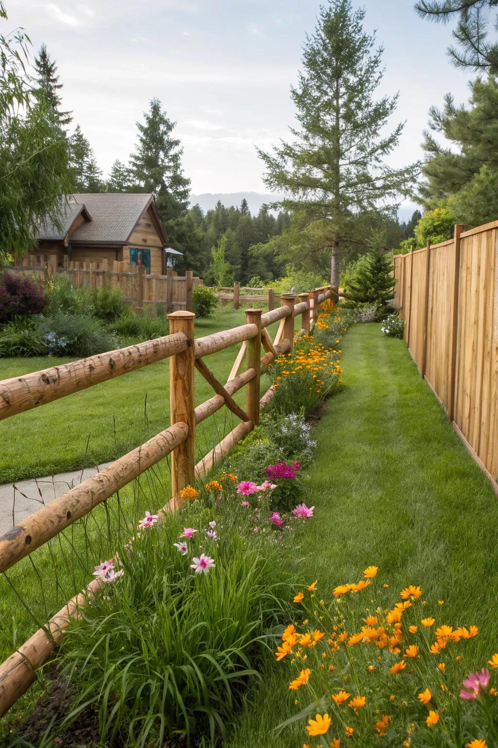 Diagonal log pattern adds a unique twist to traditional fencing.