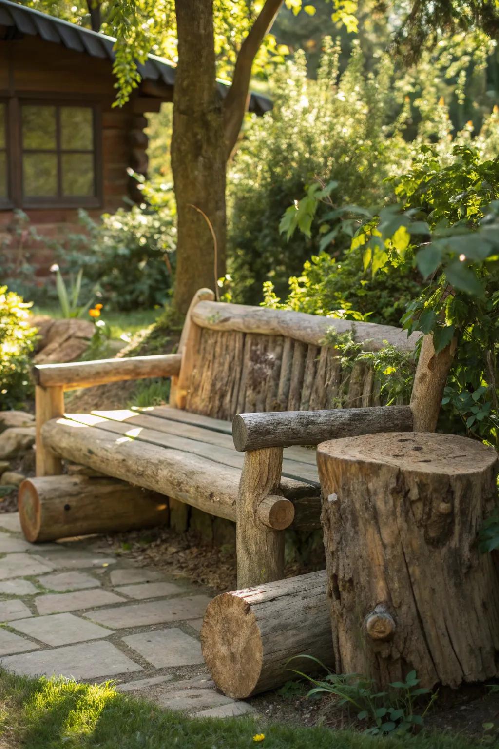 Embrace the charm of handcrafted simplicity with a rustic log bench, perfect for serene garden moments.