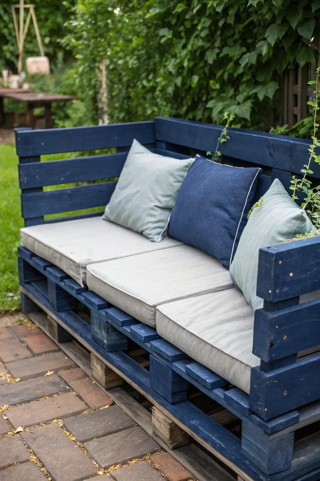 Transform your patio with stylish pallet seating - where creativity meets comfort.