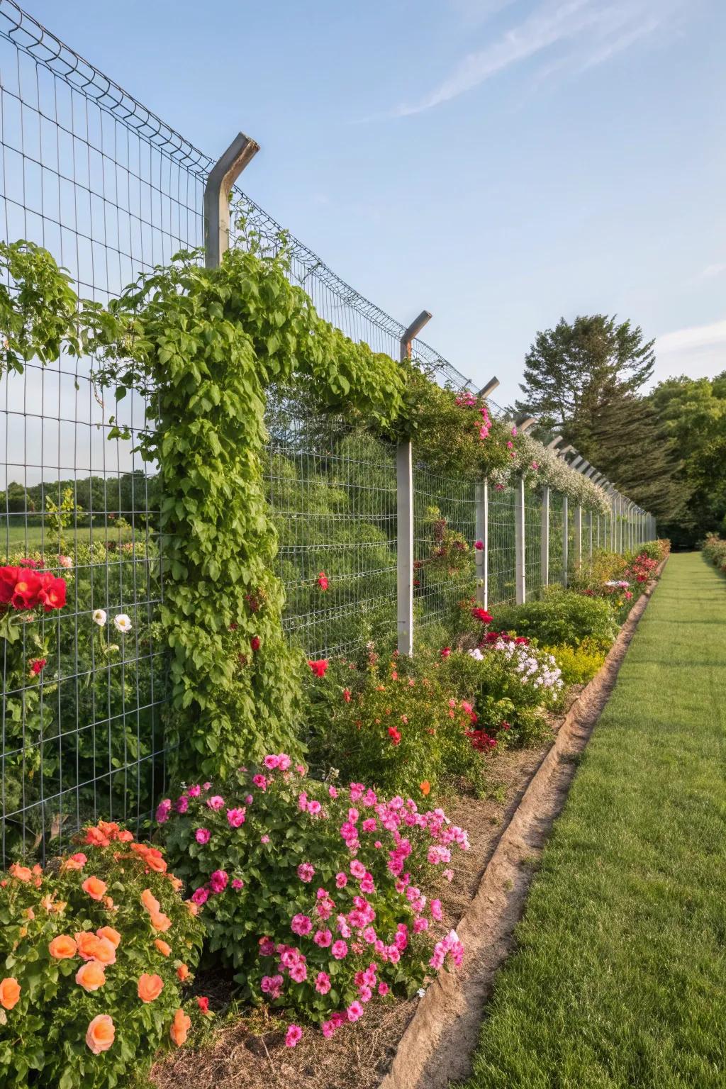 Enhance your garden's allure with an economical wire mesh fence, beautifully accented with climbing plants.